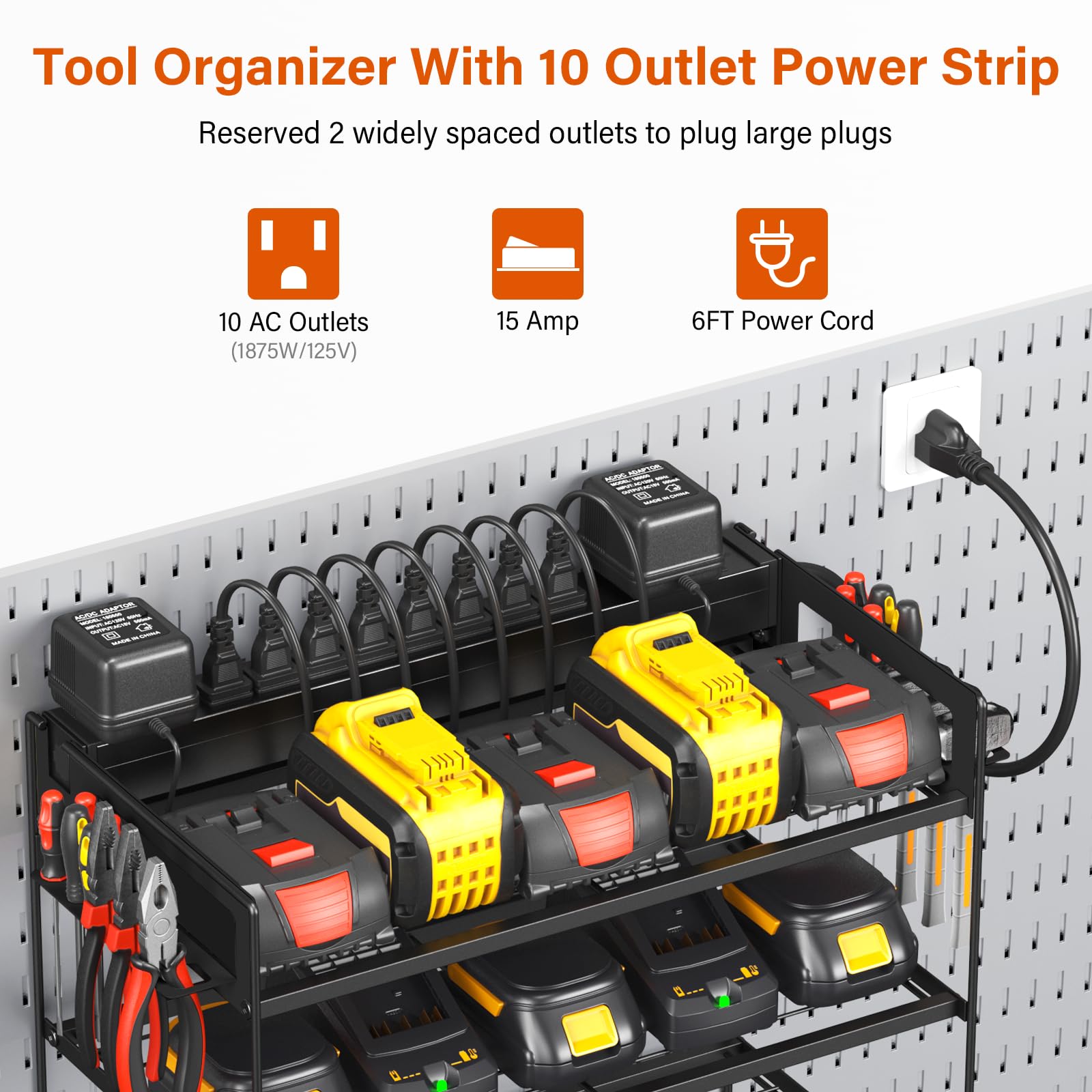 Junnuj Power Tool Organizer With 10 Outlet Power Strip, 4 Layer Wall Mount Drill Holder With Charging Station, 4 Drills Storage Shelf Shop Garage Utility Rack, Black