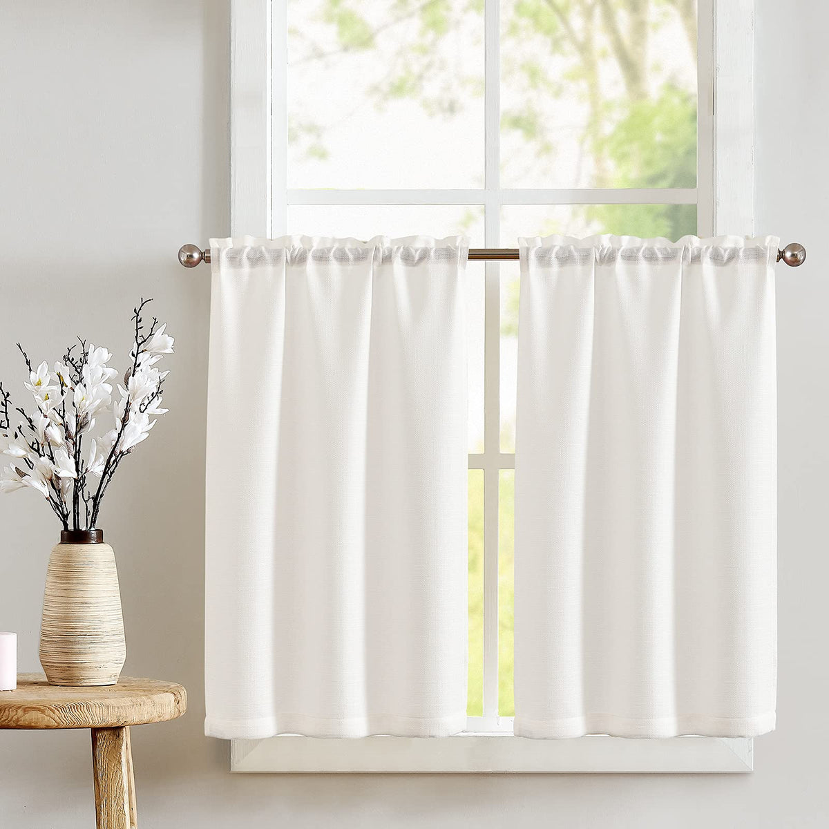 Jinchan White Kitchen Curtains 45 Inch Tier Curtains For Living Room Linen Textured Cafe Curtains For Bathroom Farmhouse Country