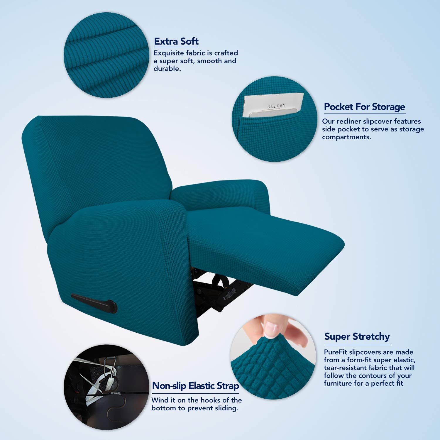 Purefit Stretch Recliner Sofa Slipcover With Pocket – Spandex Jacquard Non Slip Soft Couch Sofa Cover, Washable Furniture Protector With Elastic Bottom For Kids (Recliner, Bluestone)