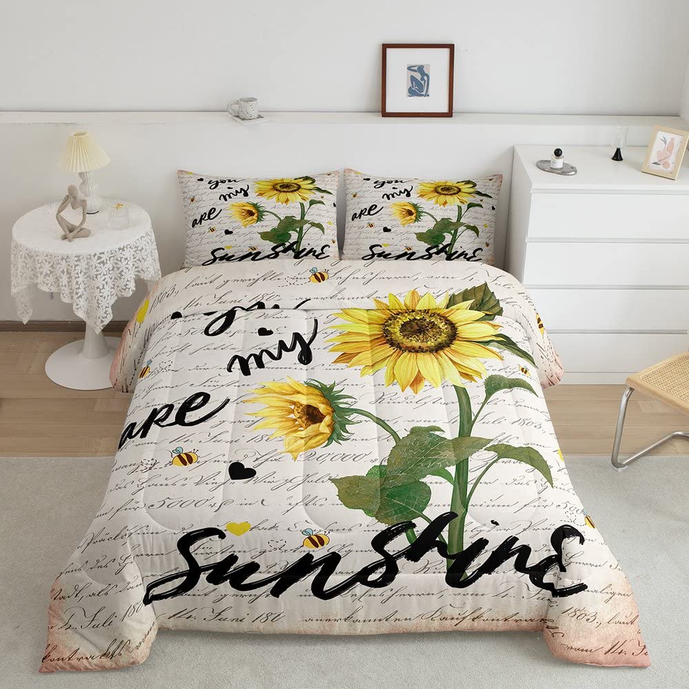 Castle Fairy Sunflower Comforter Set King Size,Rustic Farmhouse Bee Bedding 3Pcs For Kids Teens Adults Home Room Decor,Black Ske