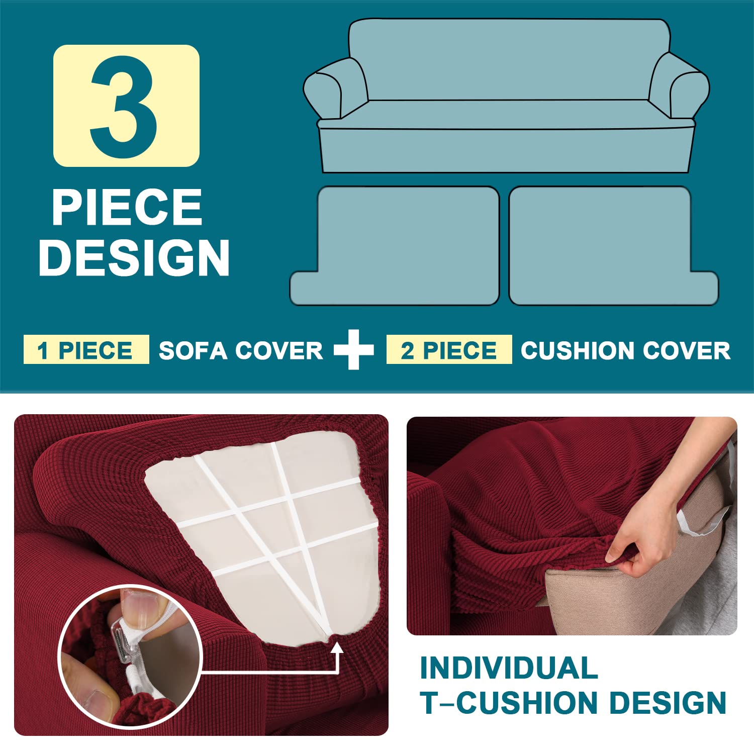 Turquoize 3 Piece T Cushion Sofa Slipcovers Sofa Cover For T Cushion Sofa Couches Stretch Couch Cover Furniture Covers With 2 Individual T Cushion Covers, Machine Washable (2 Cushion Sofa, Burgundy)