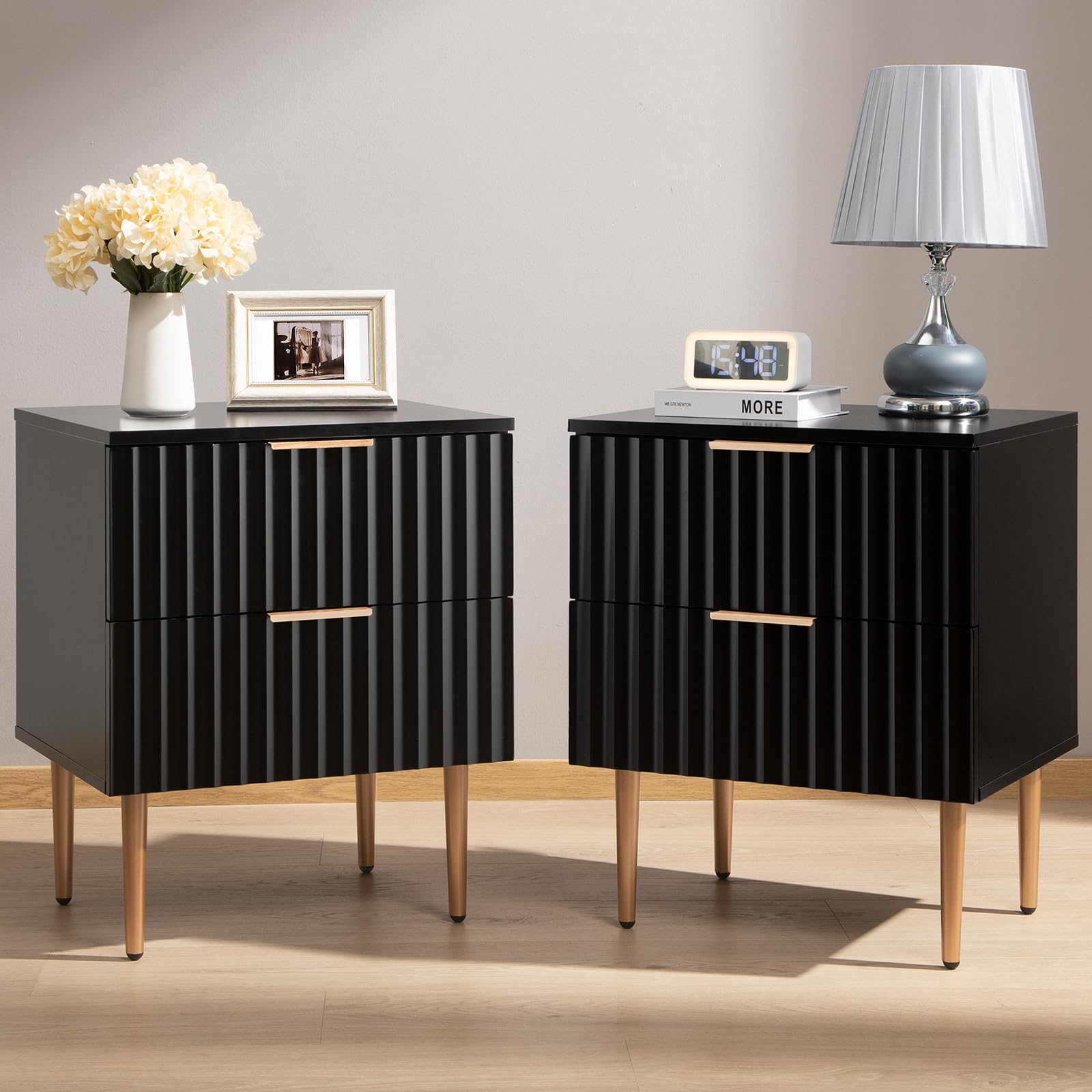 Sicotas Black Night Stand Set 2, Wide Fluted Nightstand With 2 Drawers, Modern Glossy Storage Bedside Table For Bedroom, End Side Table With Golden Metal Legs And Handles