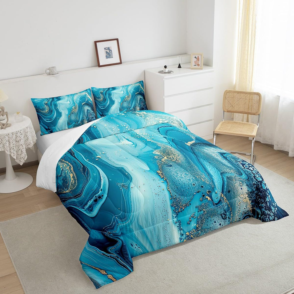 Erosebridal Marble Comforter Set,Teal Blue Marble Down Comforter Gold Liquid Quicksand Design Quilted Duvet,Turquoise Decorative 3 Piece Bedding Set With 2 Pillow Shams,Full Size