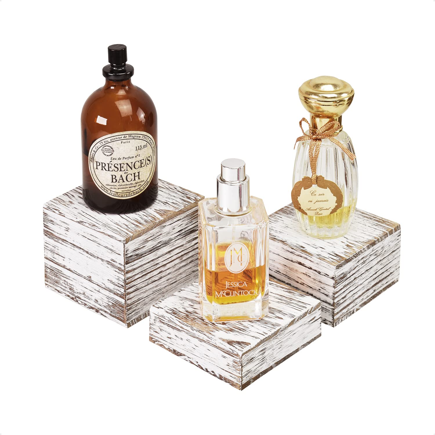MOOCA Customizable Wooden Display Risers Set - 3 Different Height Stands for Jewelry, Watches, Cosmetics, and Accessory, Antique