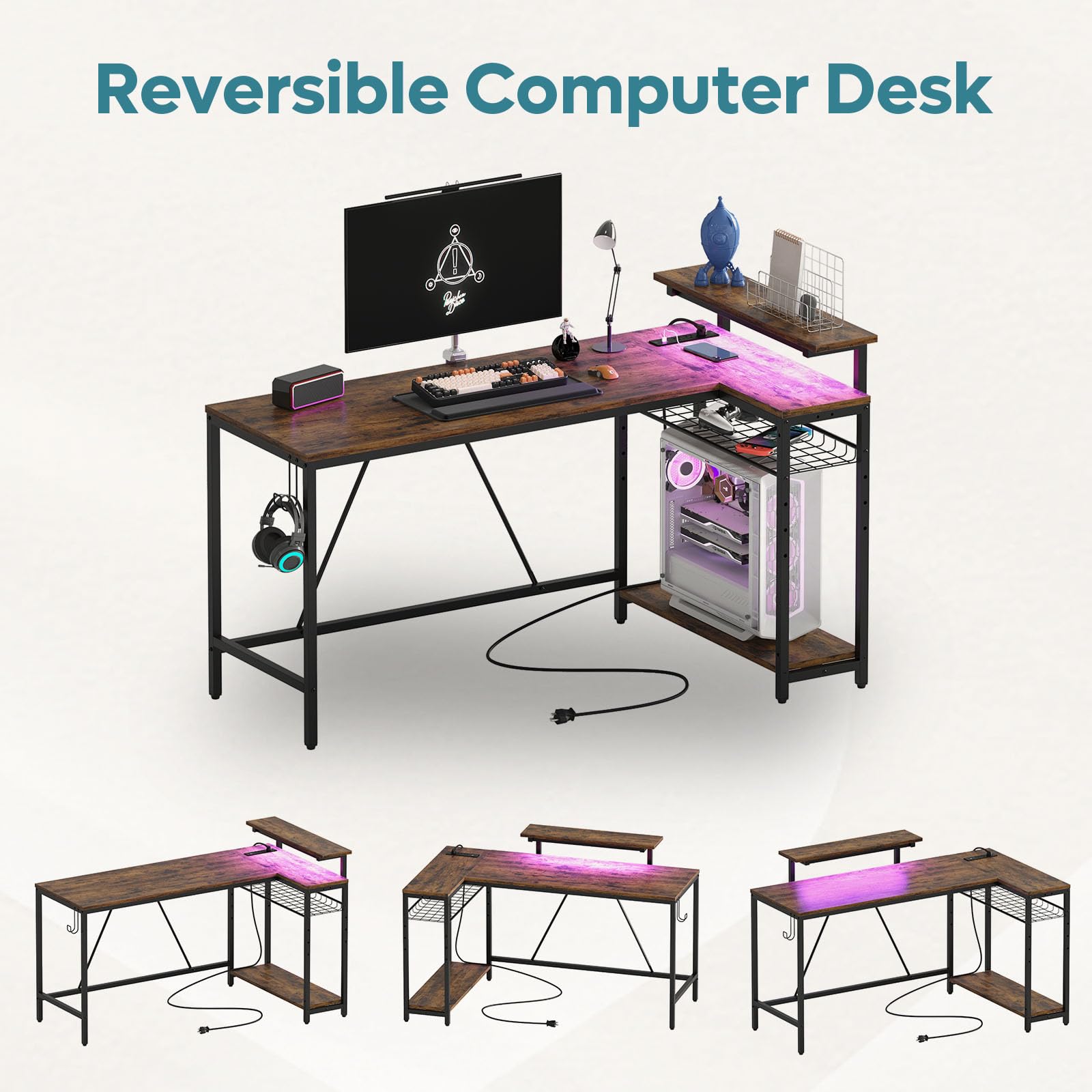 Bestier 58 L Shaped Desk With Power Outlets,Home Office Corner Desk With Reversible Shelves & Led Lights - Modern Simple Writing Study Desk For Small Space,Rustic Brown