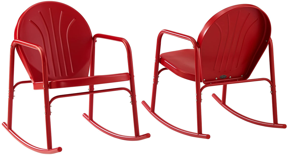 Crosley Furniture Griffith Retro Metal Outdoor Rocking Chairs, Set Of 2, For Porch, Deck, Balcony, Backyard, Bright Red Gloss