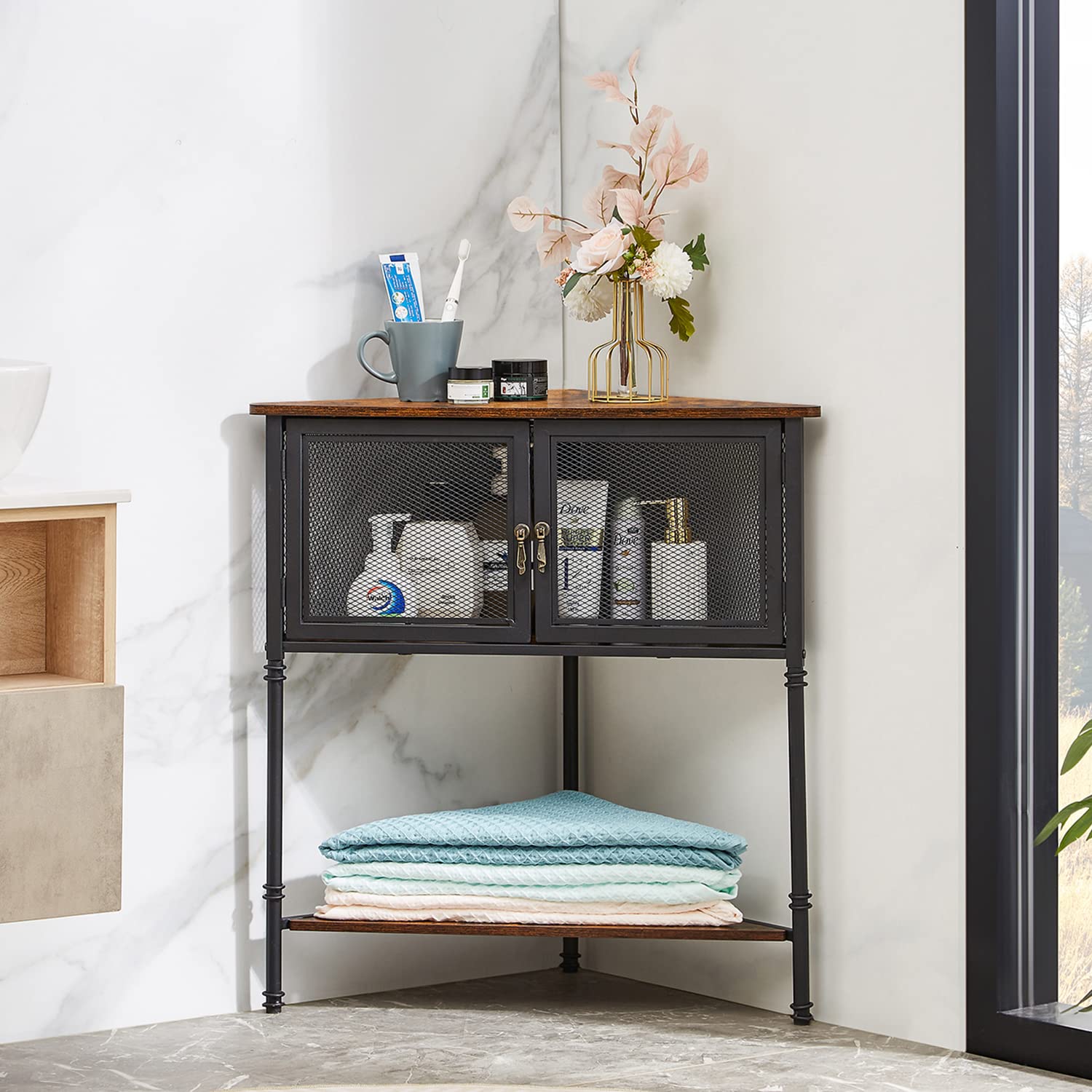 VECELO Corner Cabinet/Table, 3-Tier Display Shelves with Protection Door, Metal Frame Storage Shelf Organizer for Small Space, L