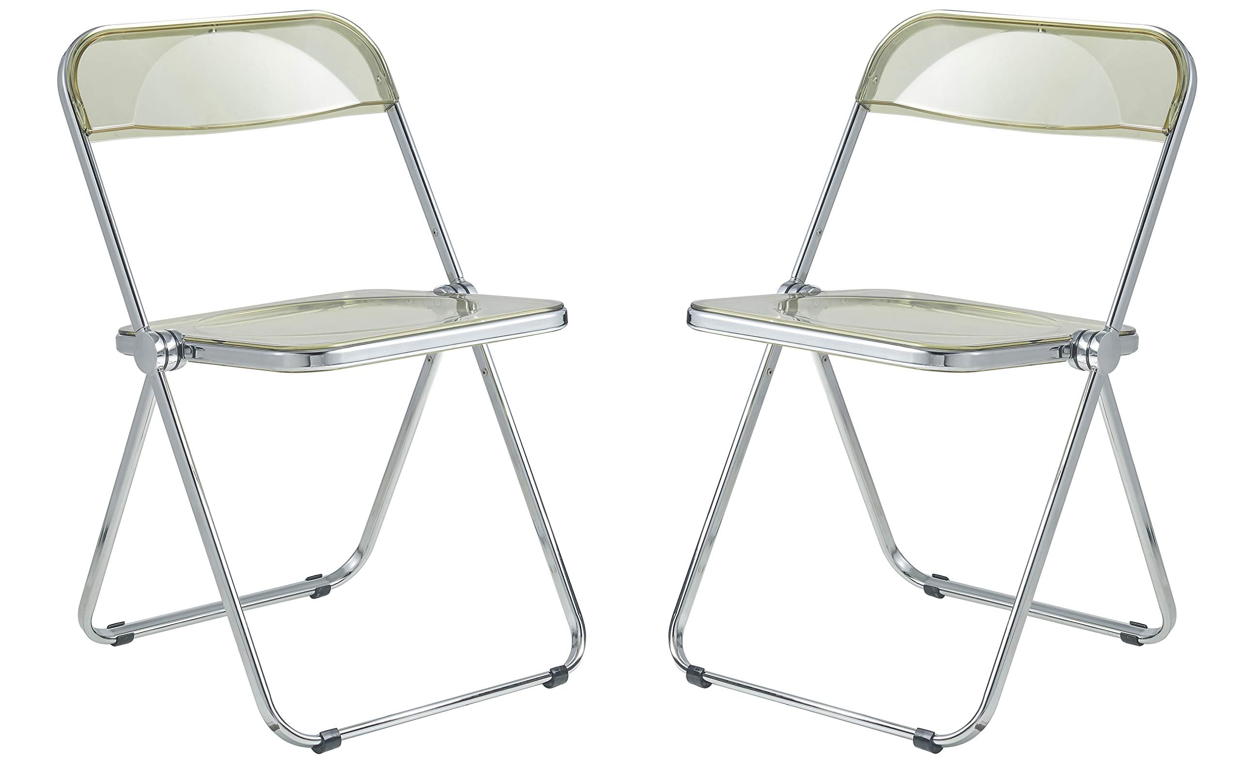 LeisureMod Lawrence Modern Transparent Acrylic Folding Chair with Metal Frame Set of 2 (Amber)