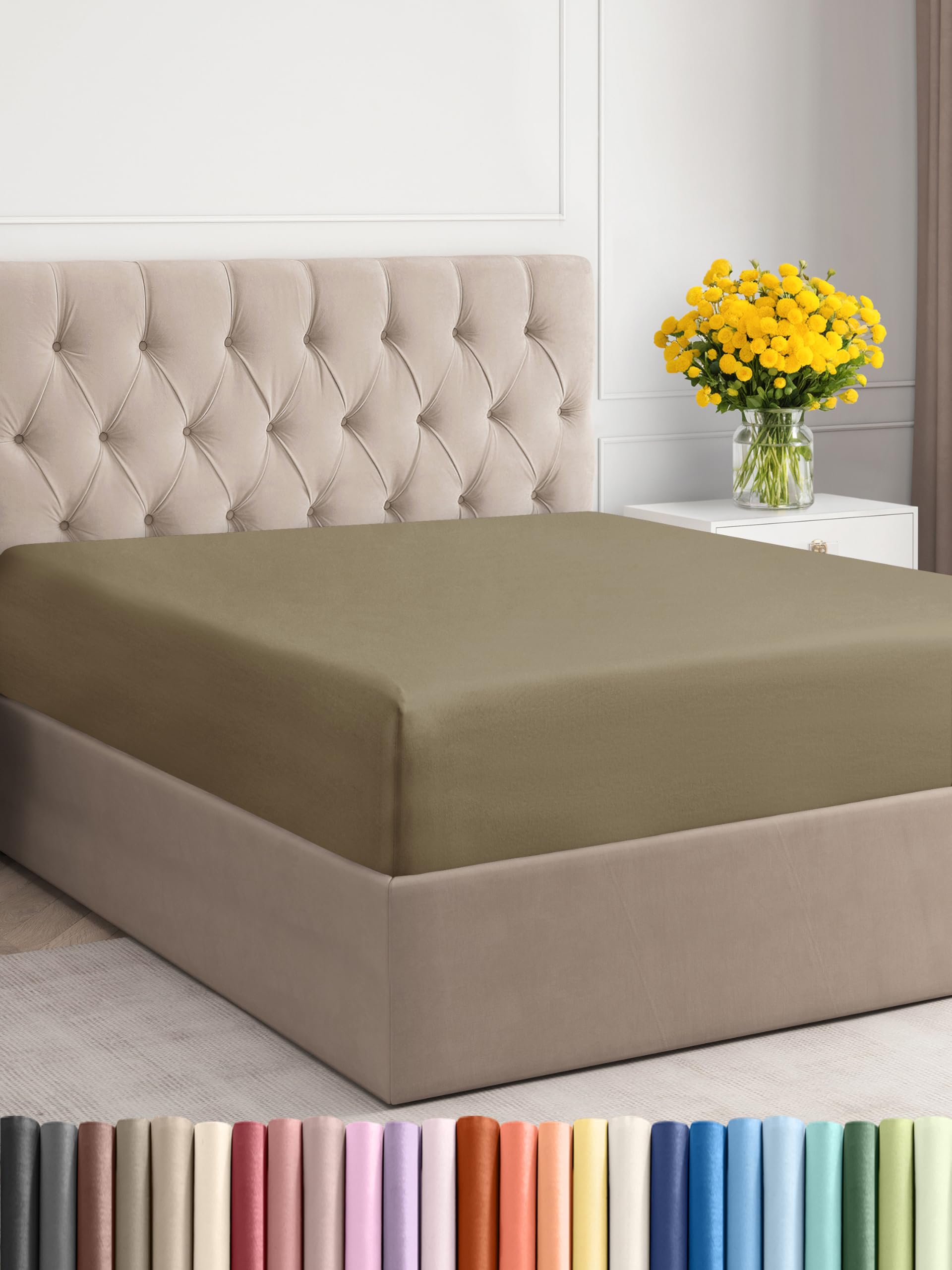 Full Size Fitted Bed Sheet - Hotel Luxury Single Fitted Sheet Only - Fits Mattress Up To 16 - Extra Soft, Wrinkle Free, Breathable, And Cooling - Bottom Fitted Sheet - Khaki Single Fitted Sheet Only
