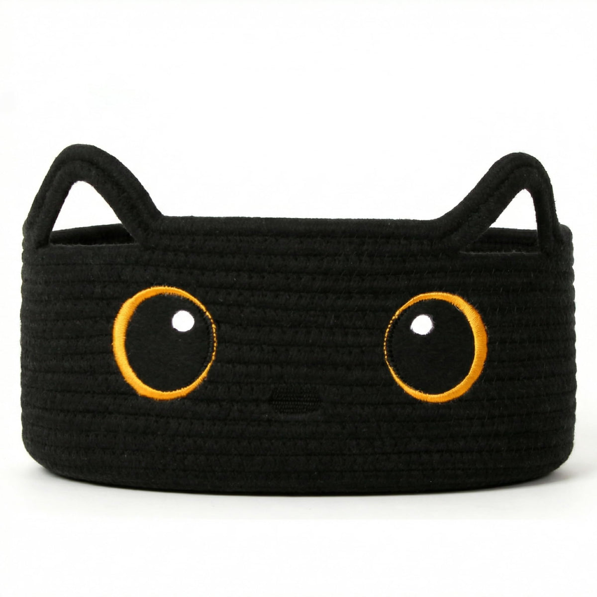 Zebmilmo Black Cat Toy Basket, Woven Cat Toy Storage Bin with Embroidered Face, Small Cotton Rope Storage Box with Handle Ears f