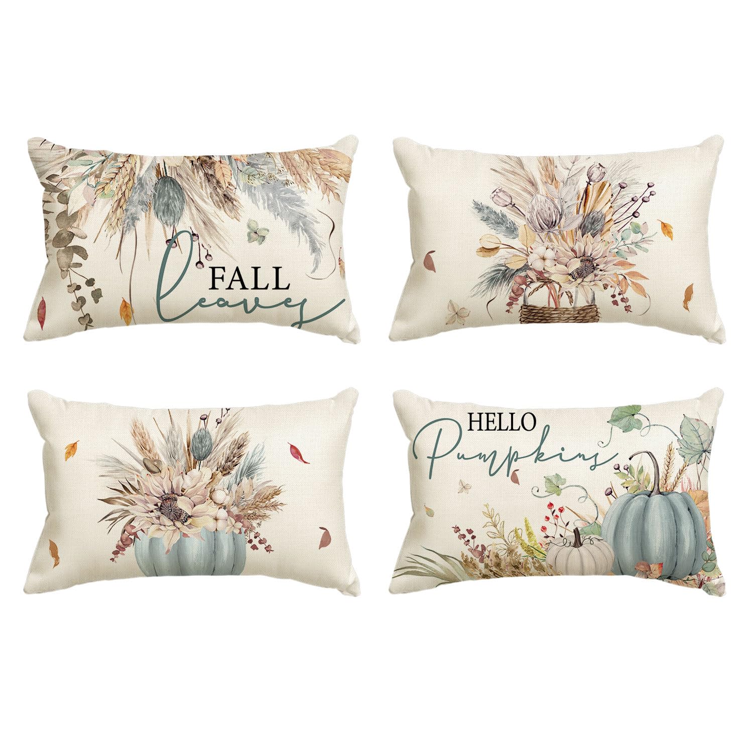 Avoin Colorlife Fall Pumpkin Wheat Cotton Sunflower Jar Autumn Thanksgiving Throw Pillow Covers, 12 X 20 Inch Seasonal Blue Cush
