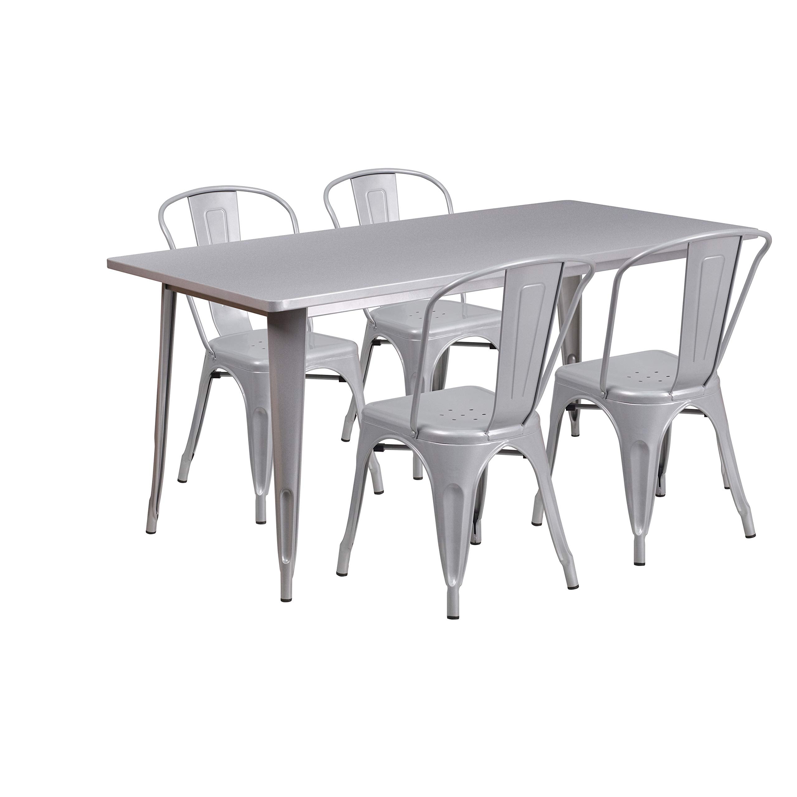 Flash Furniture Commercial Grade 31.5&quot; x 63&quot; Rectangular Silver Metal Indoor-Outdoor Table Set with 4 Stack Chairs