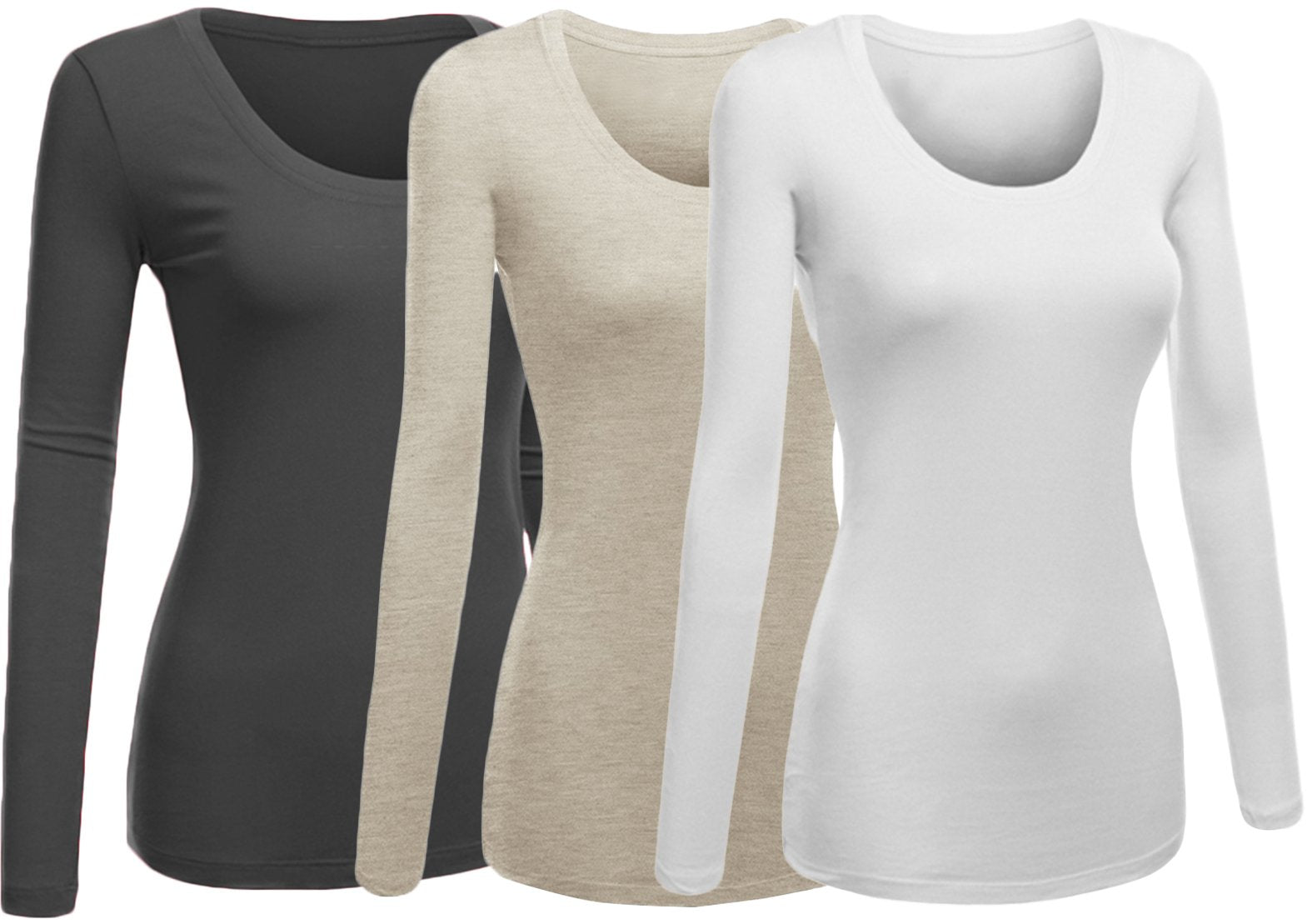 Emmalise Womens Junior And Plus Size Basic Scoop Neck Tshirt Long Sleeve Tee, Large, 3Pk Charcoal, White, Oat