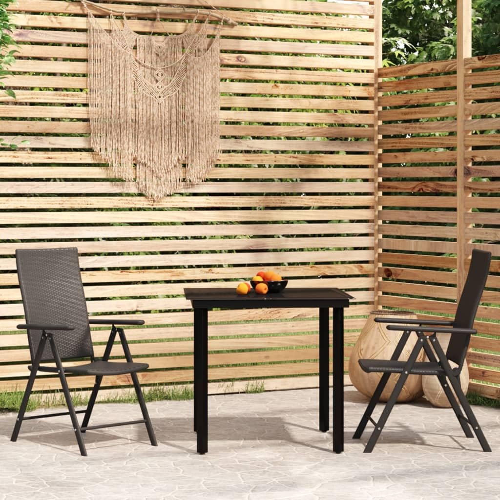 vidaXL Patio Dining Set - 3 Piece Black Outdoor Table and Reclining PE Rattan Chairs
