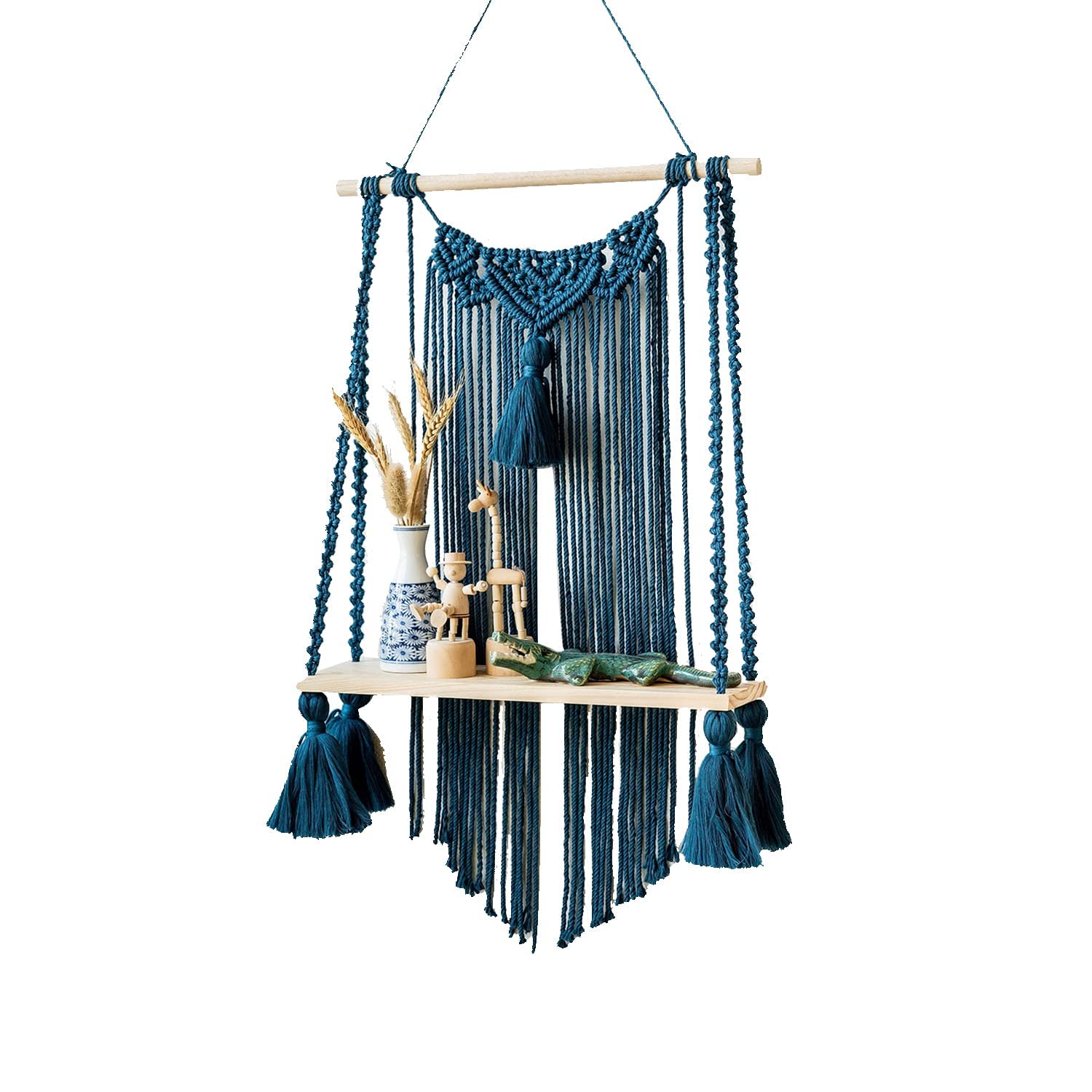Zawi Boho Decor Macrame Wall Hanging Shelf Home Decors Storage Floating Shelves For Books And Planters Livingroom, Bedroom  Blu