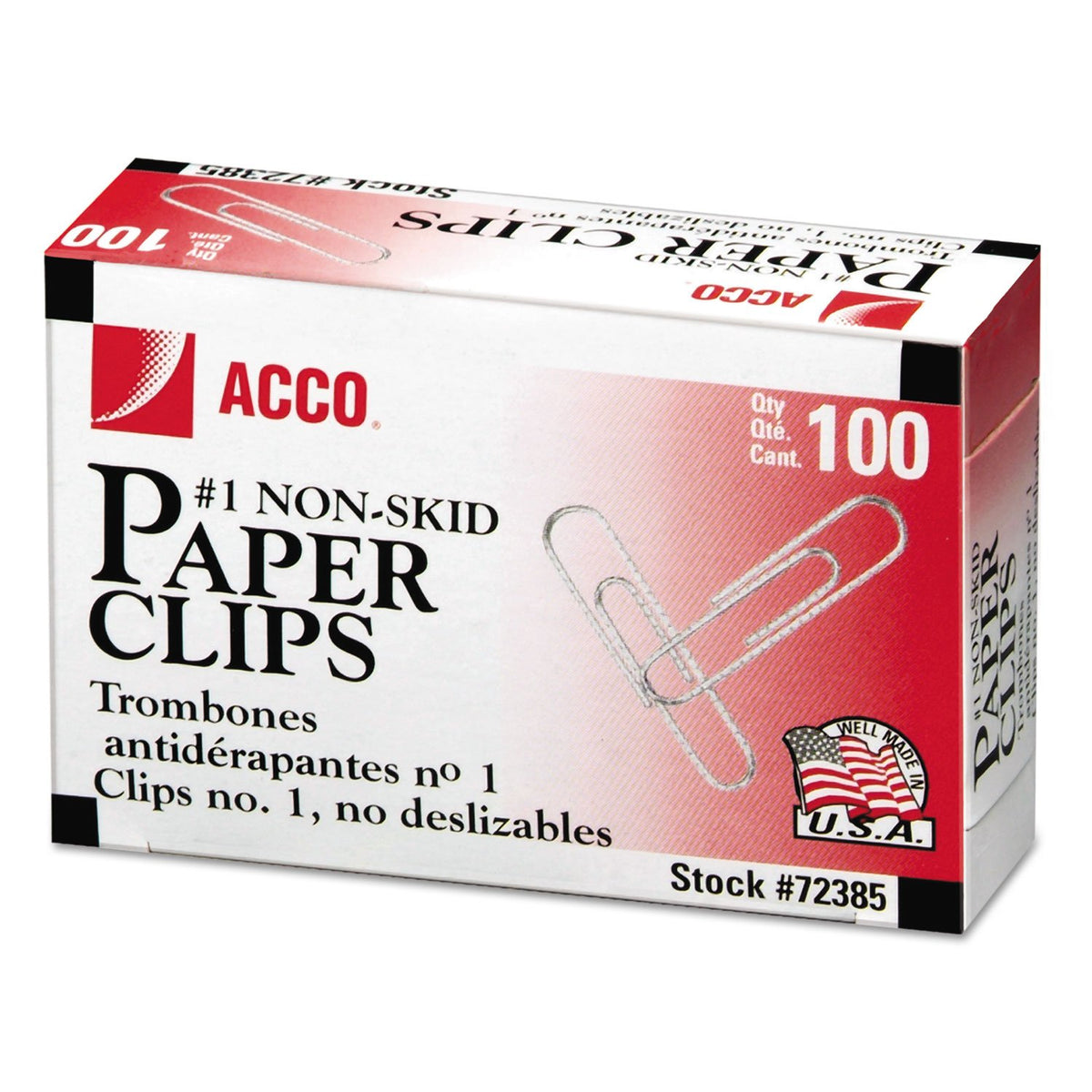 Acco Brand Paper Clips, #1 Size, Economy, Non-Skid, 10 Boxes, 100/Box (72385)