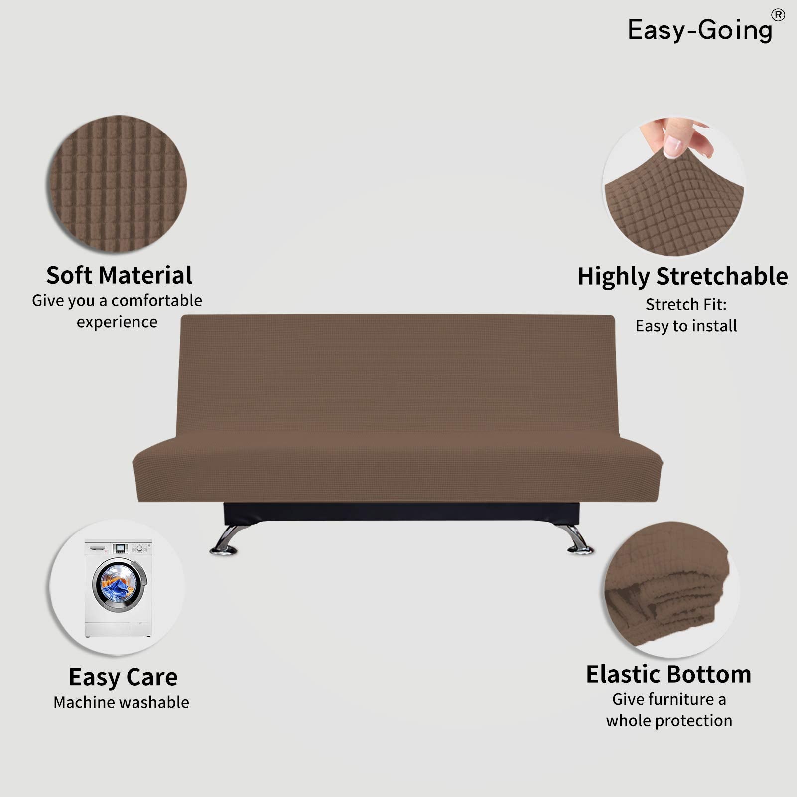 Easy-Going Stretch Futon Slipcover Armless Futon Bed Cover Furniture Protector Without Armrests With Elastic Bottom For Kids, Soft Jacquard Fabric Small Checks (Large, Brown)