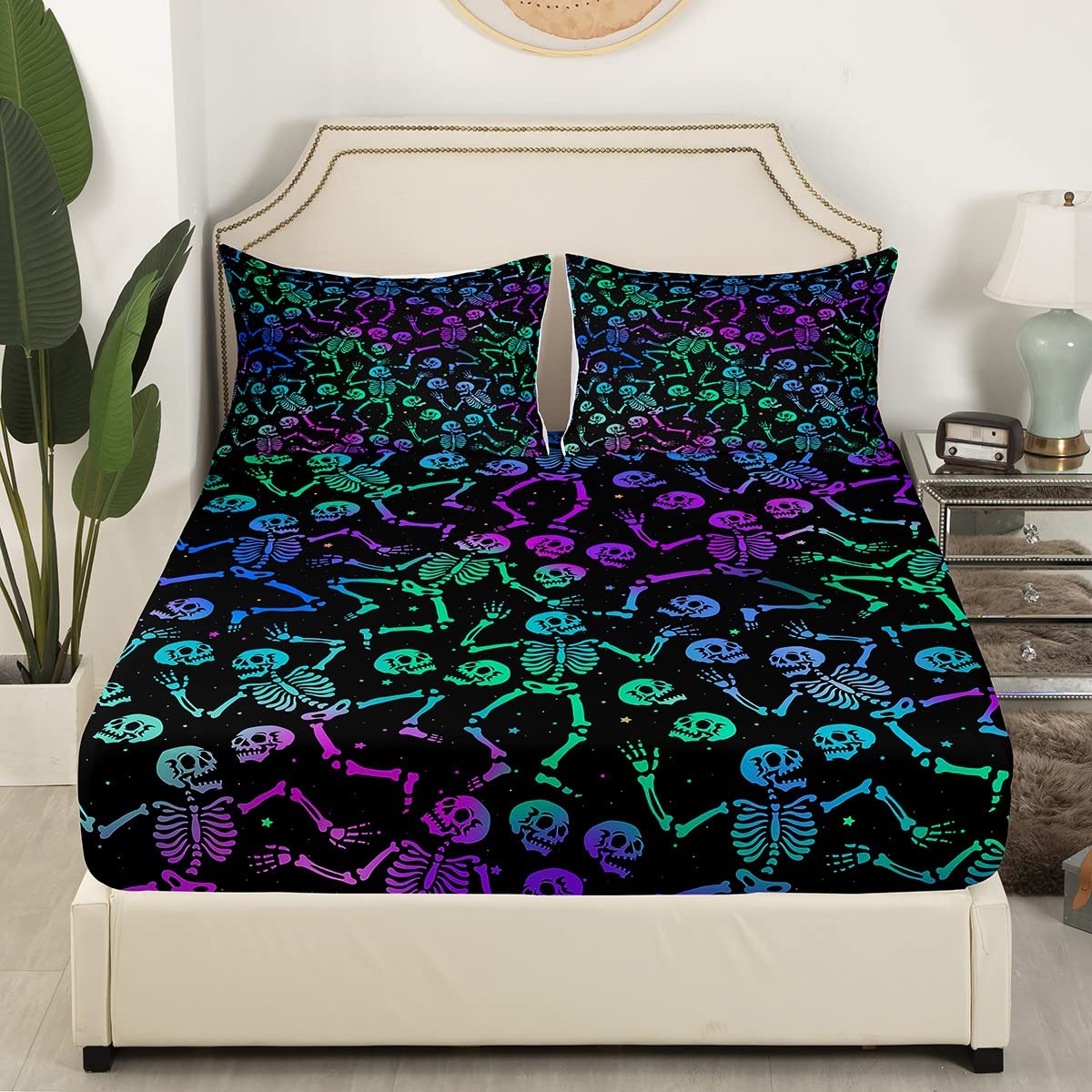 Erosebridal Sugar Skull Bed Sheets Halloween Sheet Set King Size Green Blue Purple Ombre Fitted Sheet For Kids Boys Girls Skelet