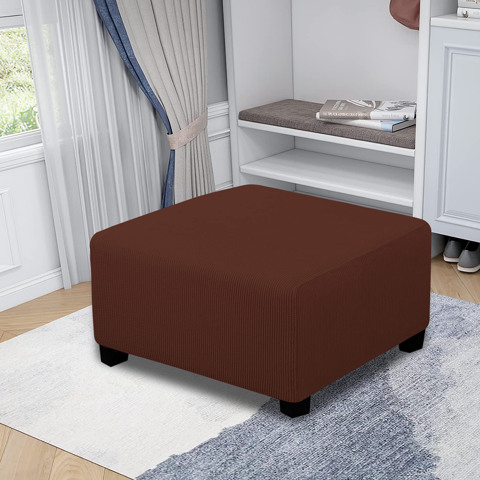 Easy-Going Stretch Square Ottoman Cover Folding Storage Stool Furniture Protector Soft Rectangle Slipcover With Elastic Bottom (30X30X15Inch, Coffee)