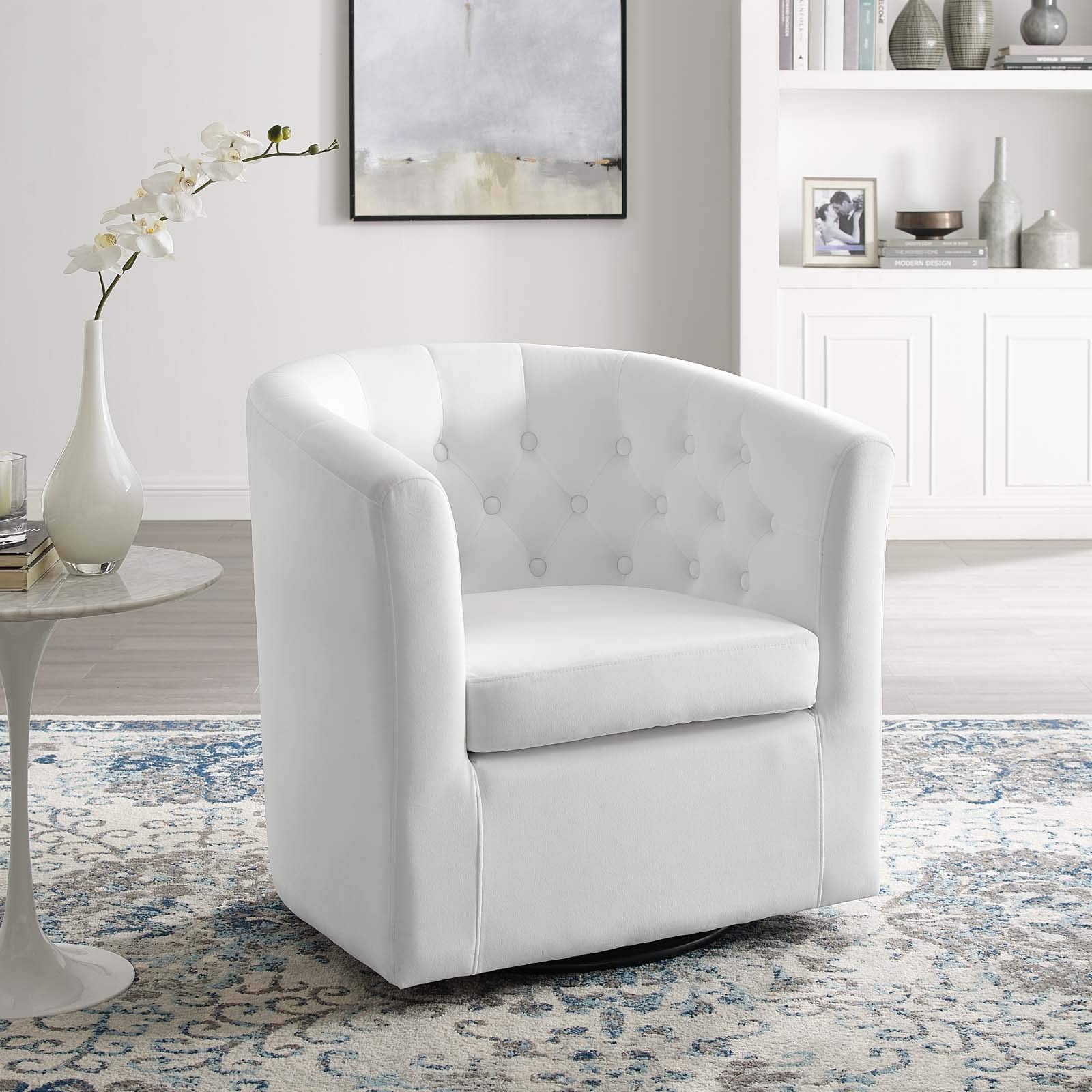 Modway Prospect Tufted Performance Velvet Swivel Armchair, White 28D X 30W X 30H In