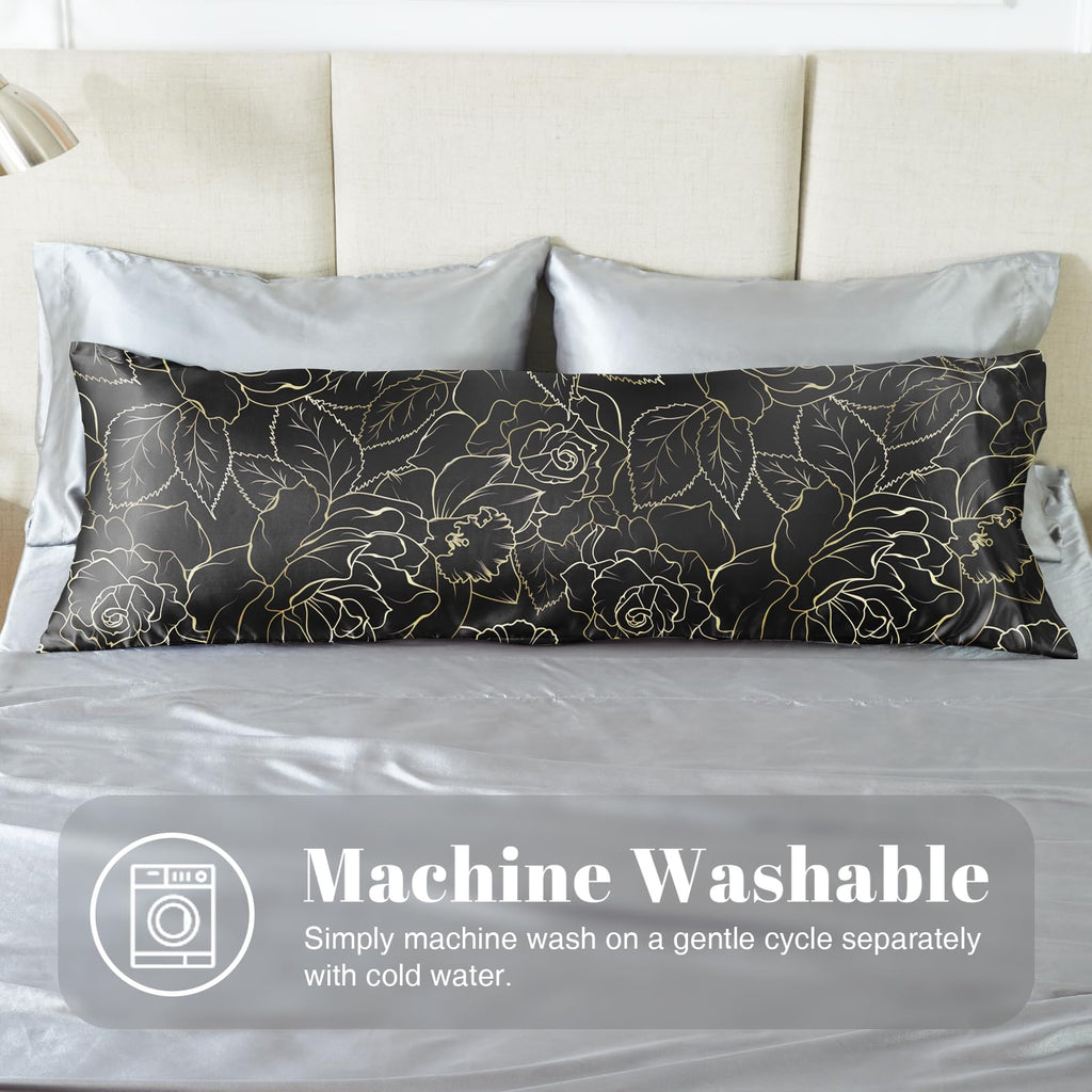 Exq Home Satin Body Pillowcase For Hair And Skin- Rose On Black Silk Long Pillowcase 20X54 Inches - Satin Pillow Cases With Enve