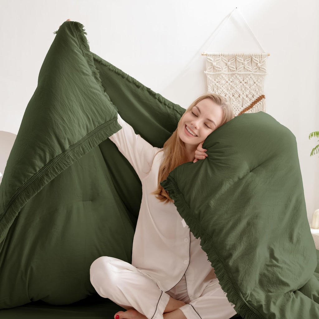 Andency Olive Green Comforter Set King, 3 Pieces Boho Tassel Lightweight Bedding Comforter Sets For King Bed, All Season Soft Fluffy Fringe Bed Set (104X90In Comforter & 2 Pillowcases)