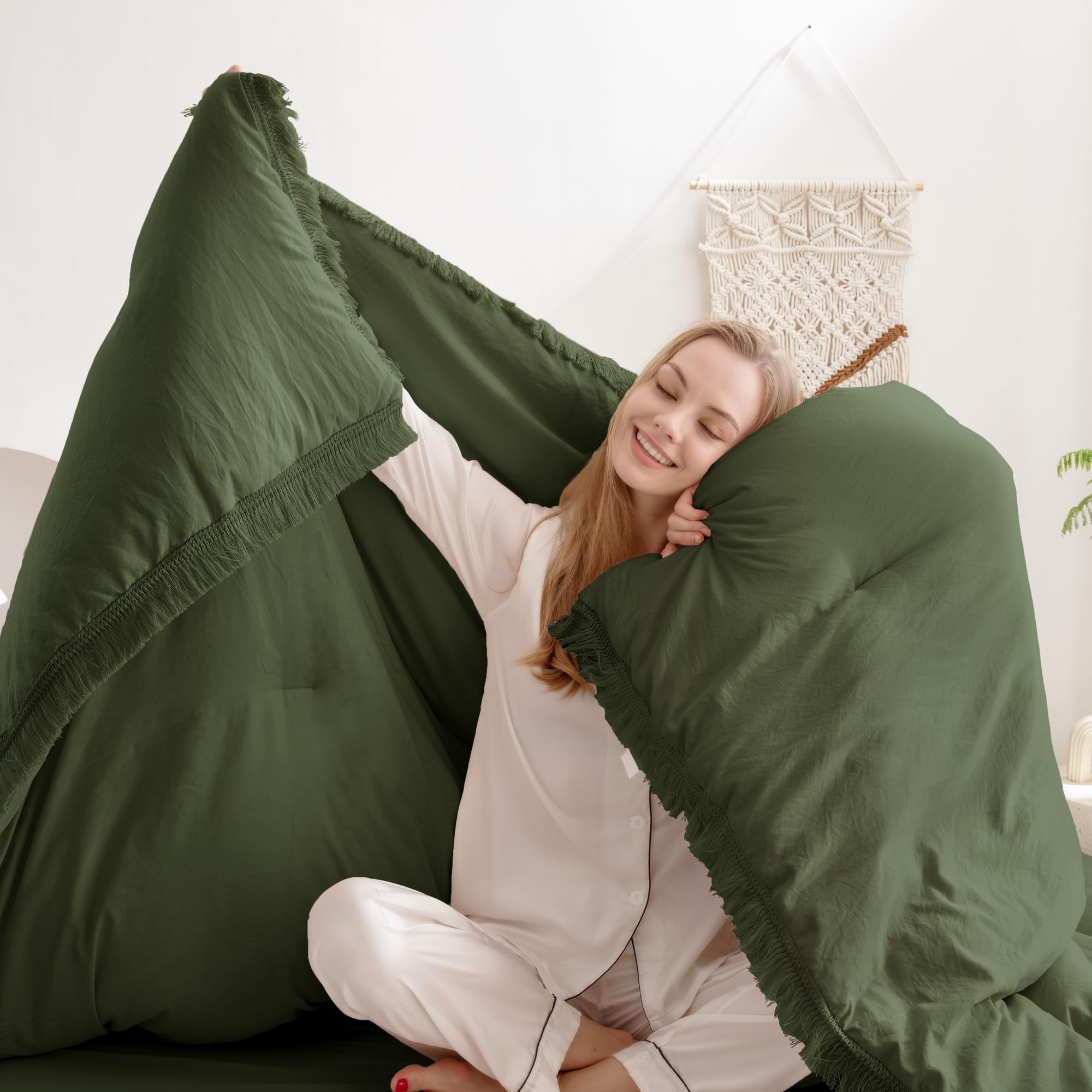 Andency Olive Green Comforter Set Full Size, 3 Pieces Boho Tassel Lightweight Bedding Comforter Sets, All Season Soft Fluffy Fringe Bed Set (79X90In Comforter & 2 Pillowcases)