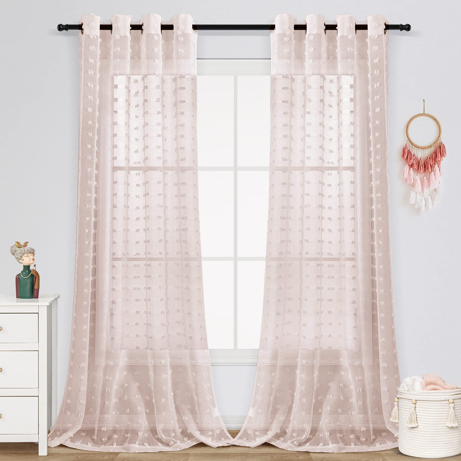 Guken Grommet Pom Pom Sheer Curtains 108 Inch Length 2 Panels For Living Dining Room Textured Curtain For Bedroom Light Filterin
