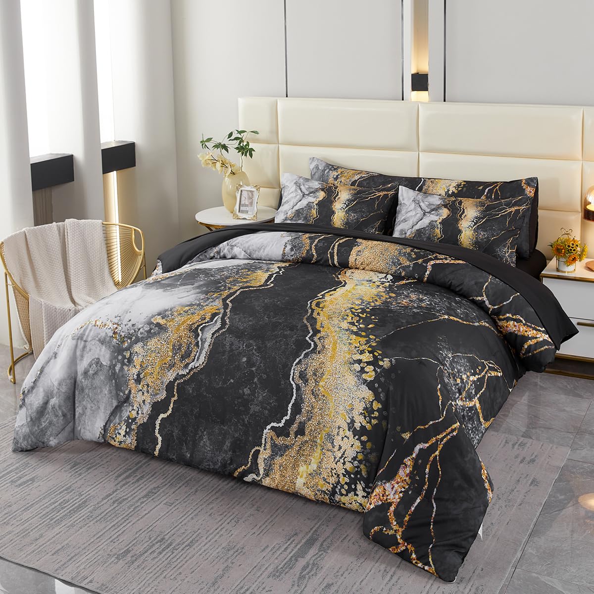 Perfemet California King 6 Piece Bed In A Bag Black Watercolor Marble Printed Bedding Comforter With Sheets Colorful Stylish Ret