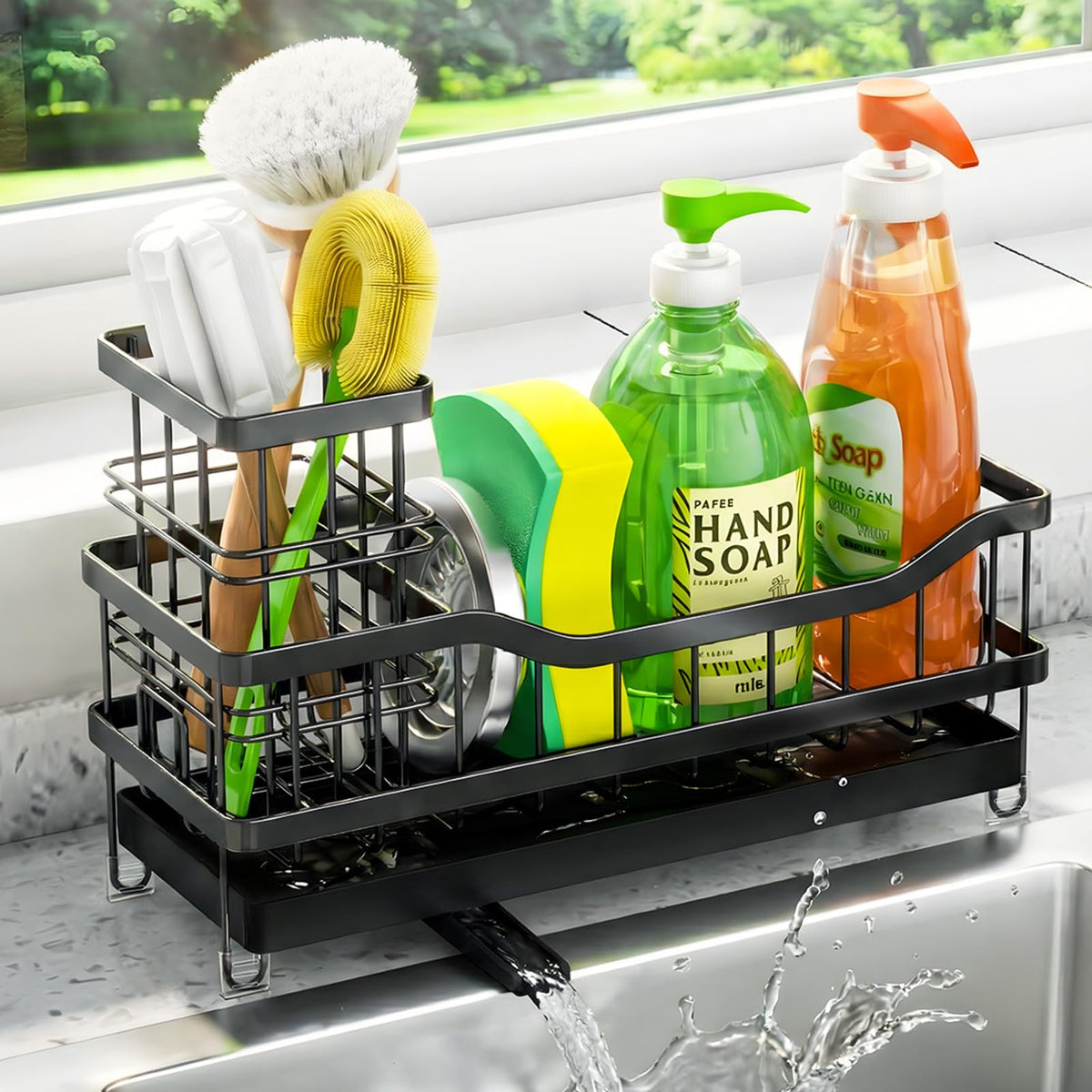 Sponge Holder for Kitchen Sink, SelfDraining Sink Caddy Organizer with Removable Brush Holder, Rustproof Metal Sponge Rack for 