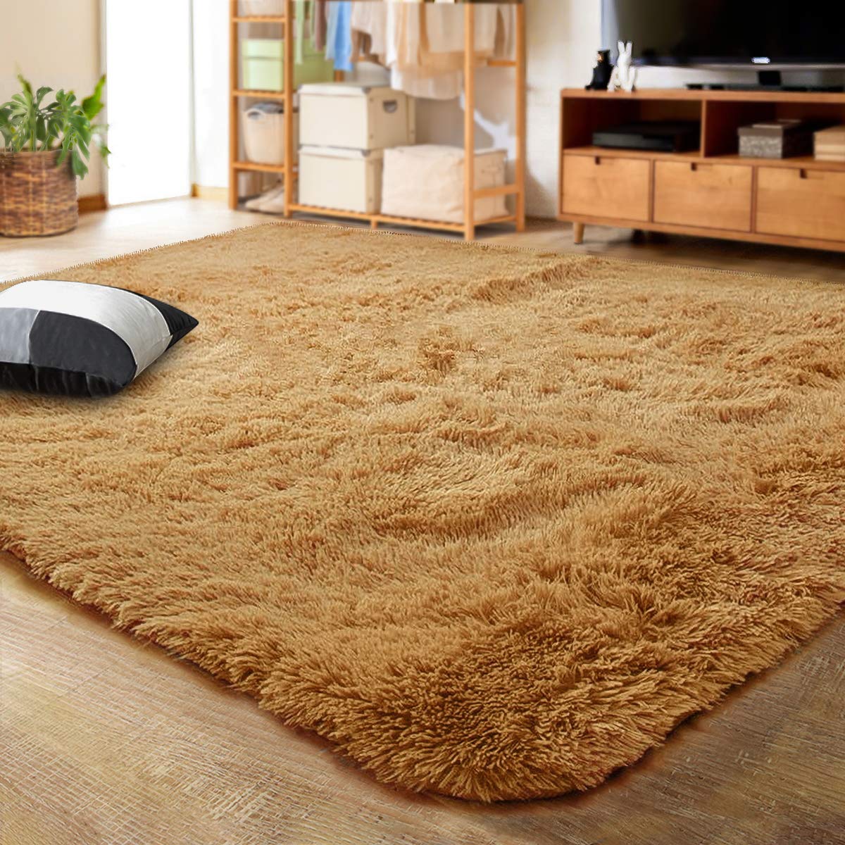 LOCHAS Ultra Soft Indoor Modern Area Rugs Fluffy Living Room Carpets for Children Bedroom Home Decor Nursery Rug 4x5.3 Feet, Kha