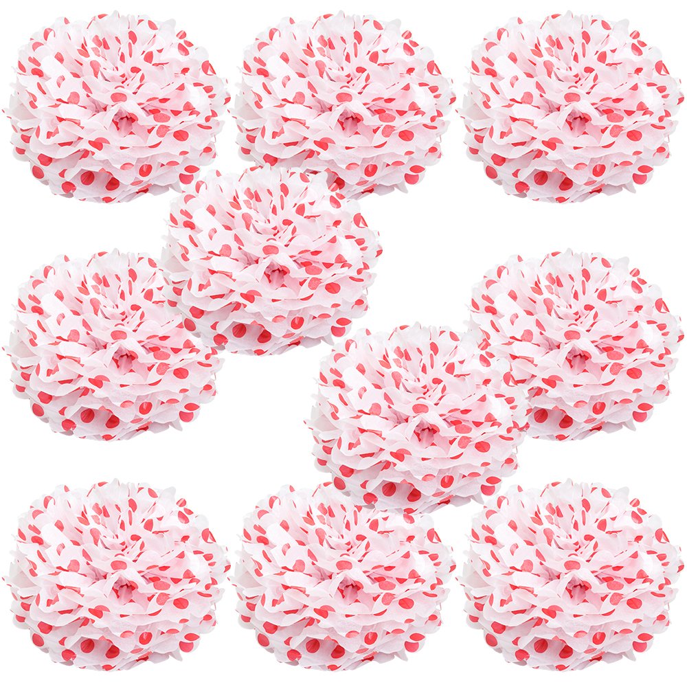 WYZworks Set of 10 - RED Polka DOT 10 - (10 Pack) Tissue Pom Poms Flower Party Decorations for Weddings, Birthday, Halloween, Br