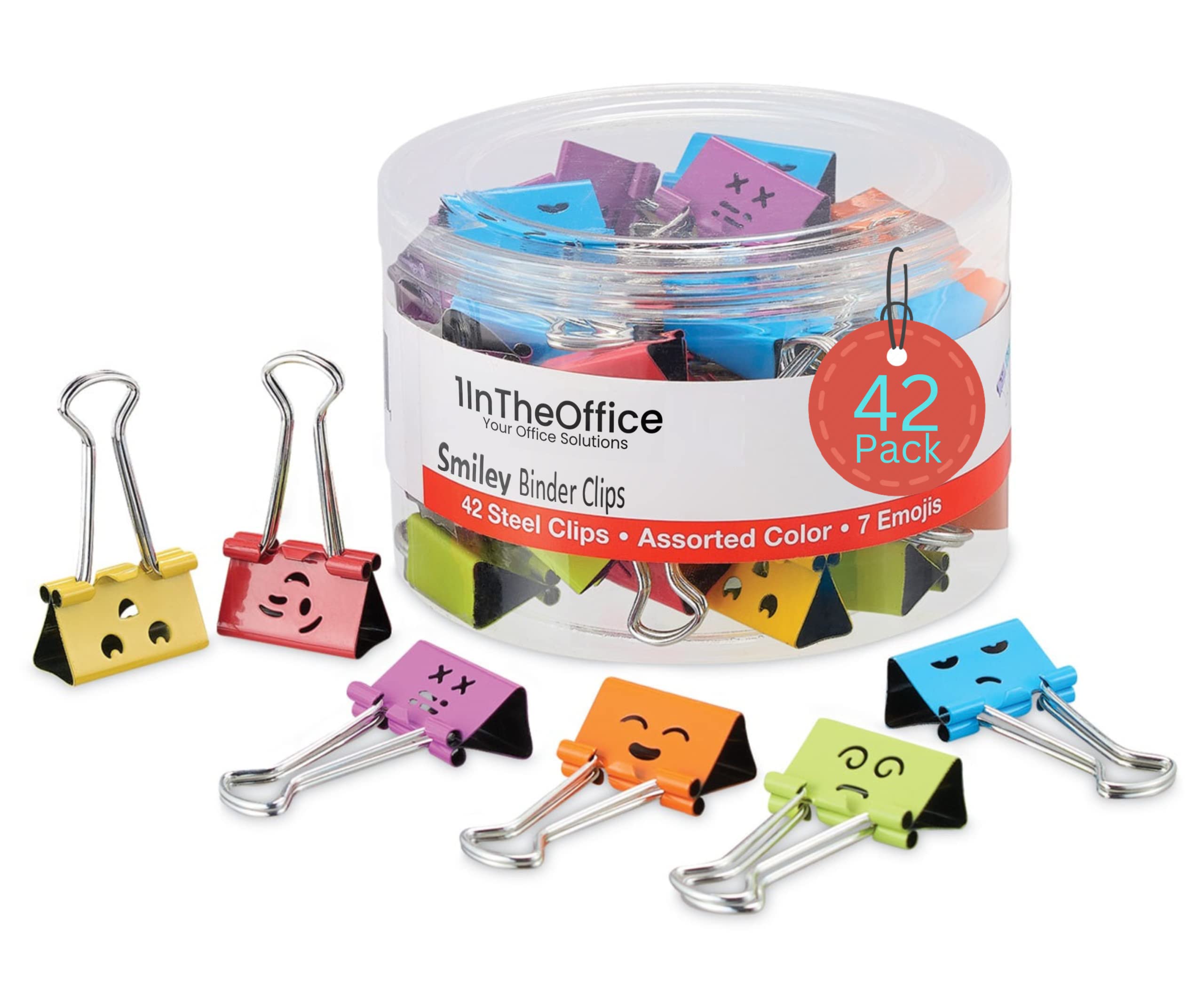 1Intheoffice Medium Binder Clips, Cute Binder Clips, Colored Binder Clips, Smiley Face Binder Clips With Storage Tub, 5/8' Capa