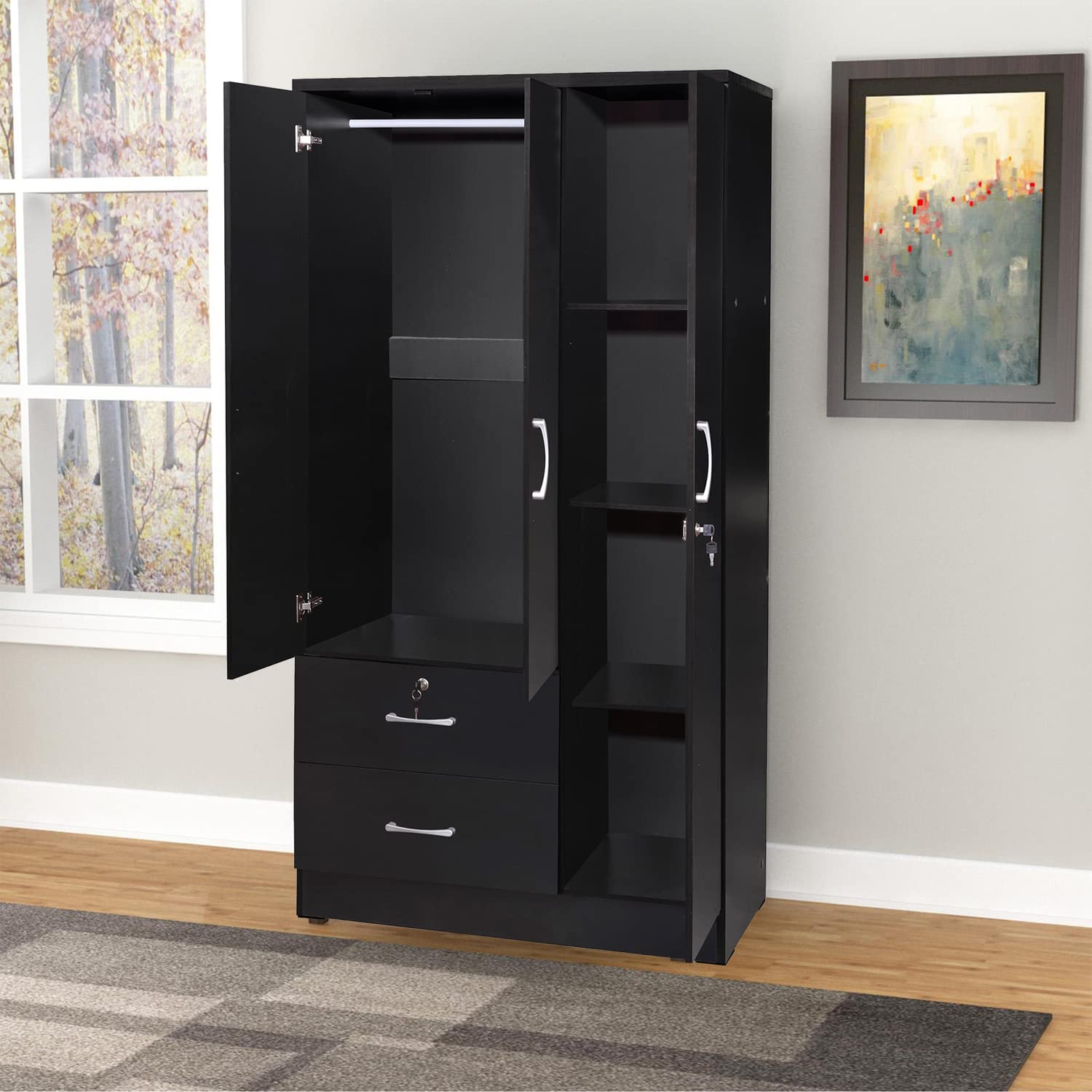 Better Home Products Symphony Wardrobe Armoire Closet with Two Drawers in Black