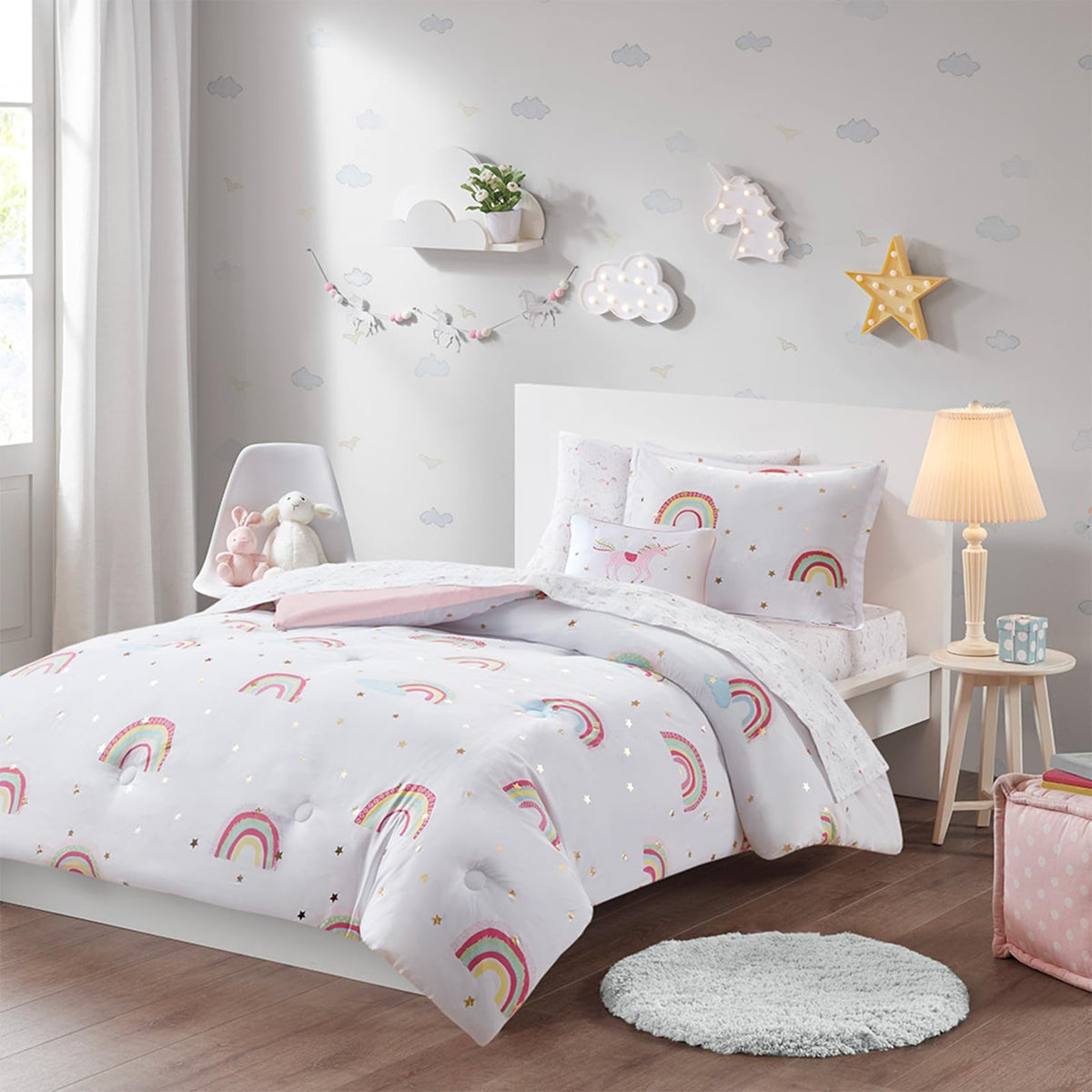 Mi Zone Kids Bedding Set, Alicia Unicorn Full Comforter Set With Sheet, 8 Piece, White, All Season, Fun, Whimsical Metallic Rain