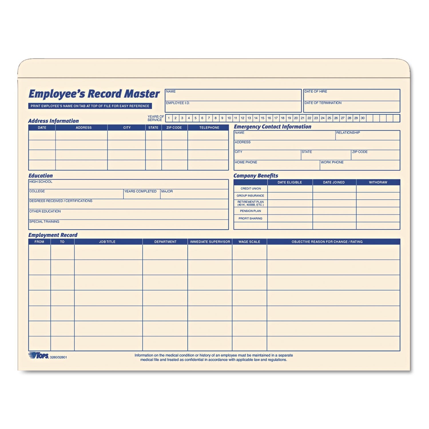 Tops 3280 Employee Record Master File Jacket, 9 1/2 X 11 3/4, 10 Point Manila (Pack Of 20)