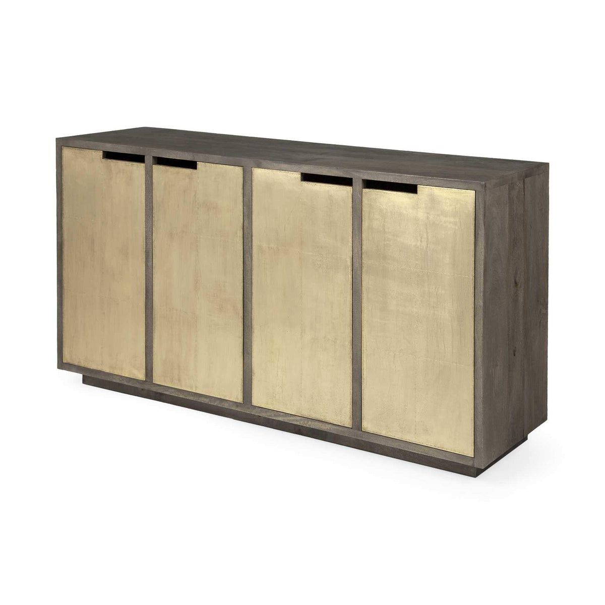 HomeRoots Indian Mango Wood Brown Solid Mango Wood Frame Sideboard with 4 Gold Metal Cladded Cabinets