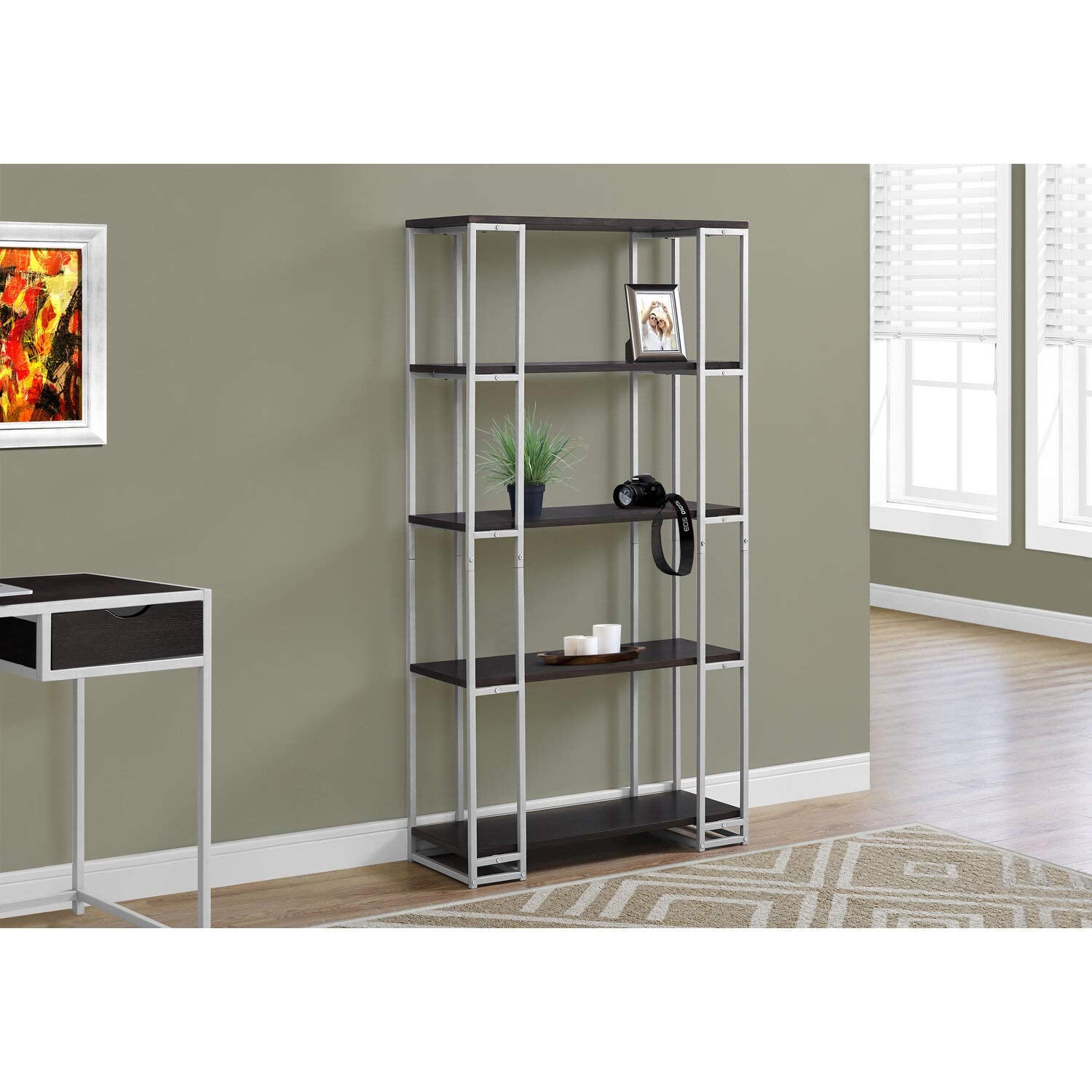 Monarch Specialties I Bookcase-60 H Silver Metal, Cappuccino