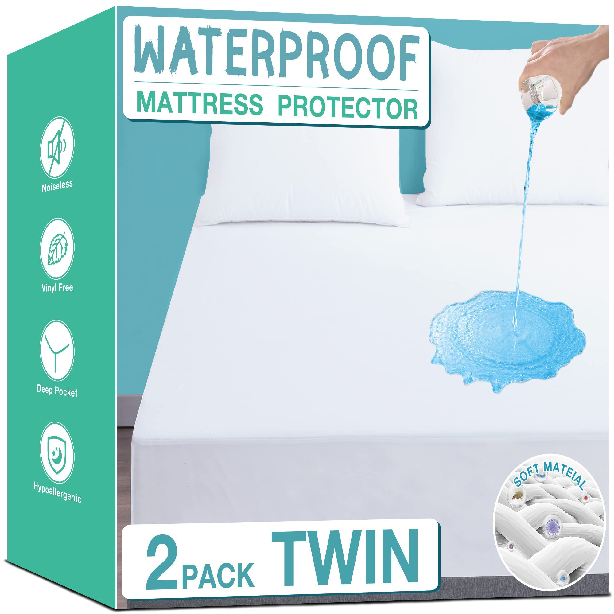 Lunsing Twin Mattress Protector Waterproof, 2 Pack Noiseless, Breathable, And Soft Twin Mattress Cover With Deep Pocket For 6-16