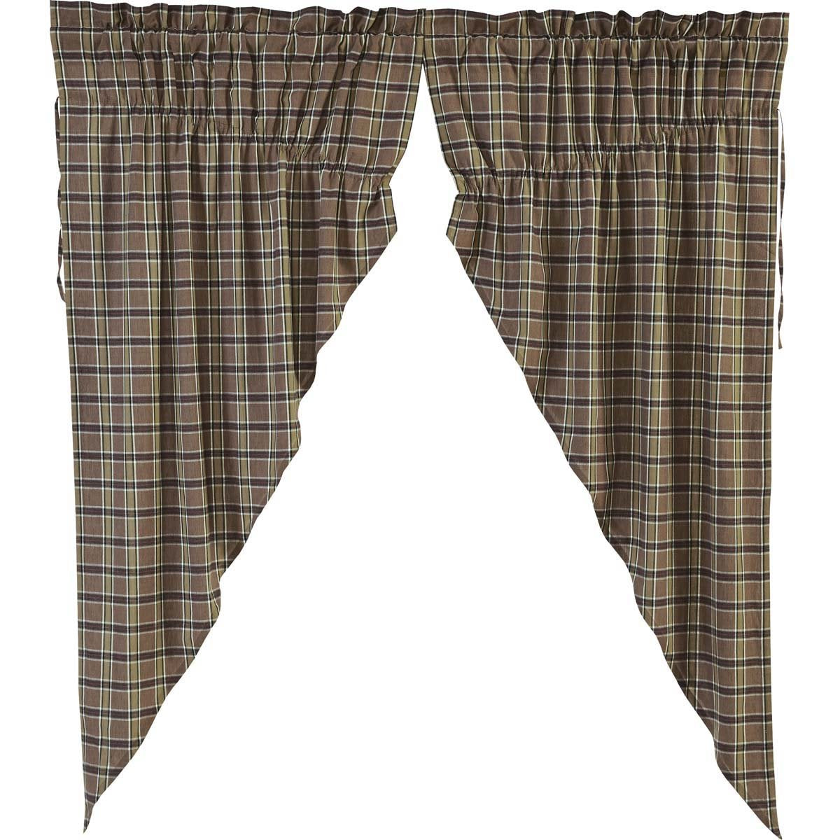 Vhc Brands Rustic Khaki Tan Plaid Cotton Wyatt Curtains Rod Pocket Drawstring Ties Prairie Panel Pair