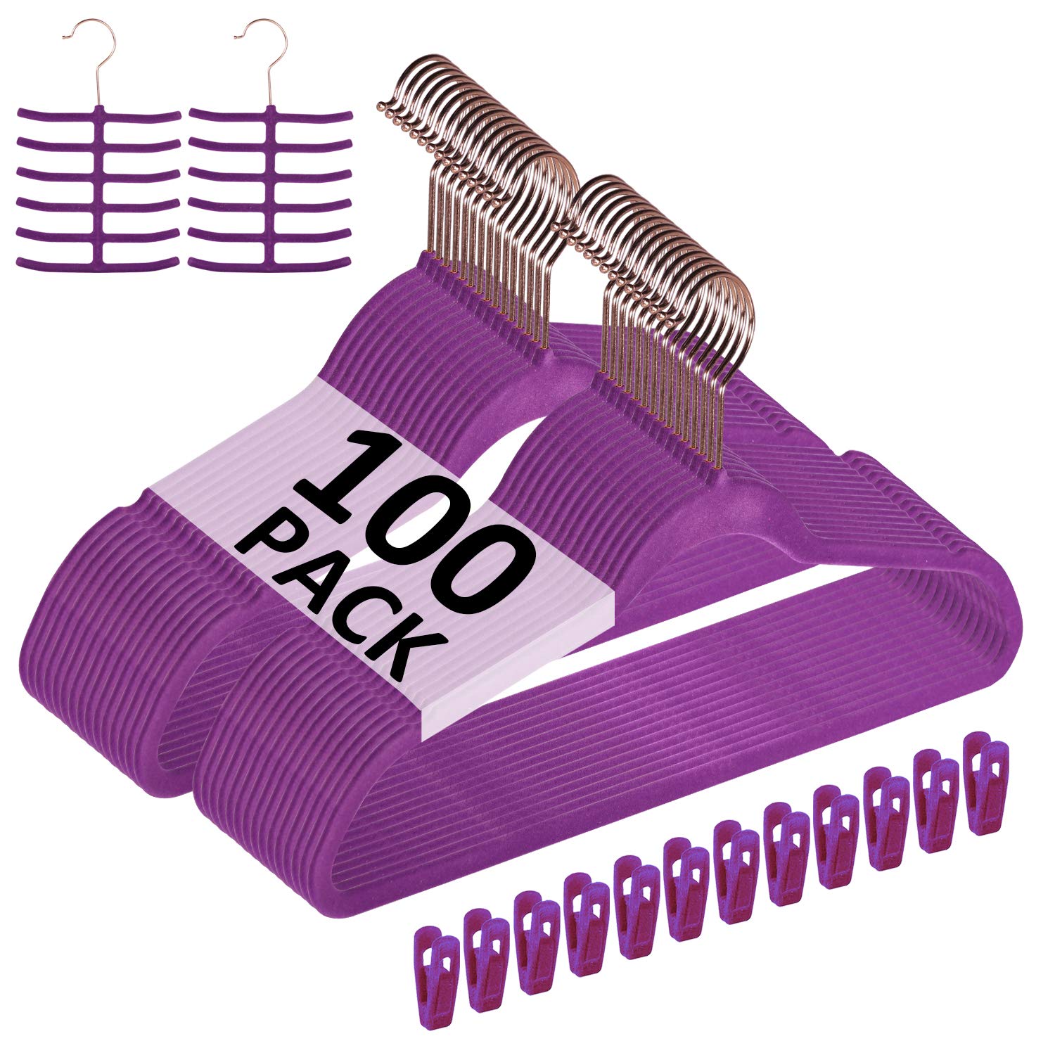 VECELO Premium Velvet Clothes Hangers Suit Heavy Duty (100 Pack)-Non Slip & Space-Saving with 12 Finger Clips & 2Tie Rack Excell