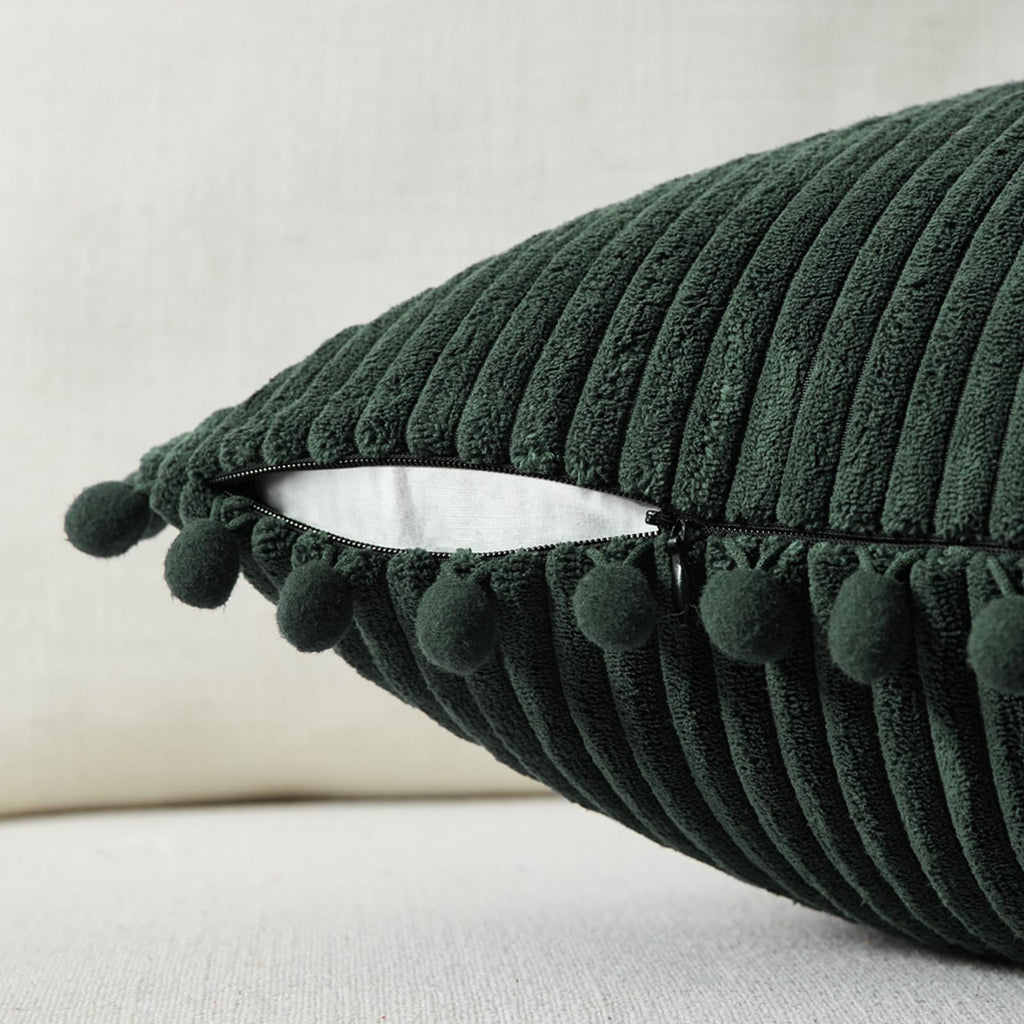 Fancy Homi Set Of 2 Dark Green Boho Decorative Throw Pillow Covers 18X18 Inch With Pom-Poms For Living Room Couch Bed Sofa Bedro