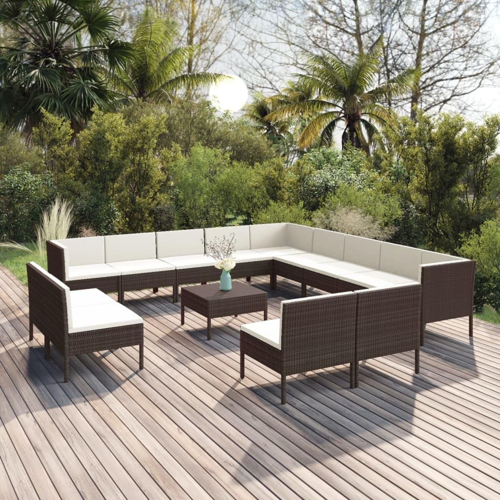 vidaXL Patio Lounge Set 14 Piece, Sectional Sofa for Outdoor, Couch with Cushions, Patio Lounge Set, Farmhouse Modern, Poly Rattan Brown