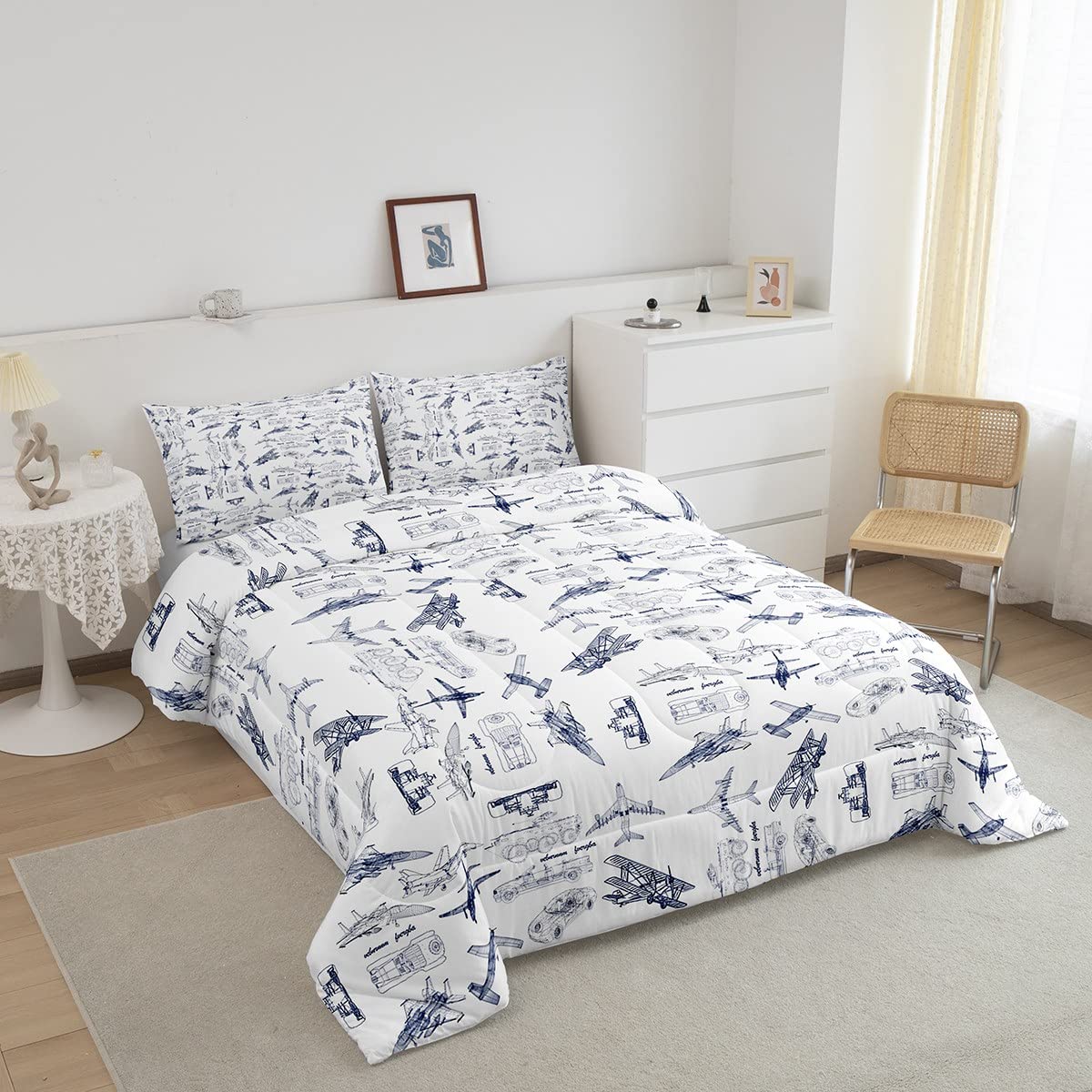 Feelyou Aircraft Bedding Set Kids Airplane Print Comforter Set Boys Girls Decor Aircraft Flying Comforter Cover Set Microfiber S