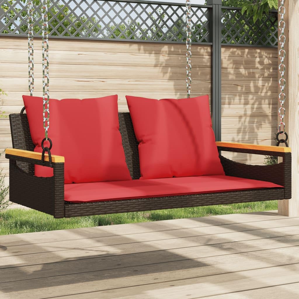 vidaXL Brown Poly Rattan Swing Bench - Comfortable Cushions, Weather-Resistant, 109x62x40 cm, Robust Steel and Acacia Wood Frame for Outdoor/Garden/Patio Use