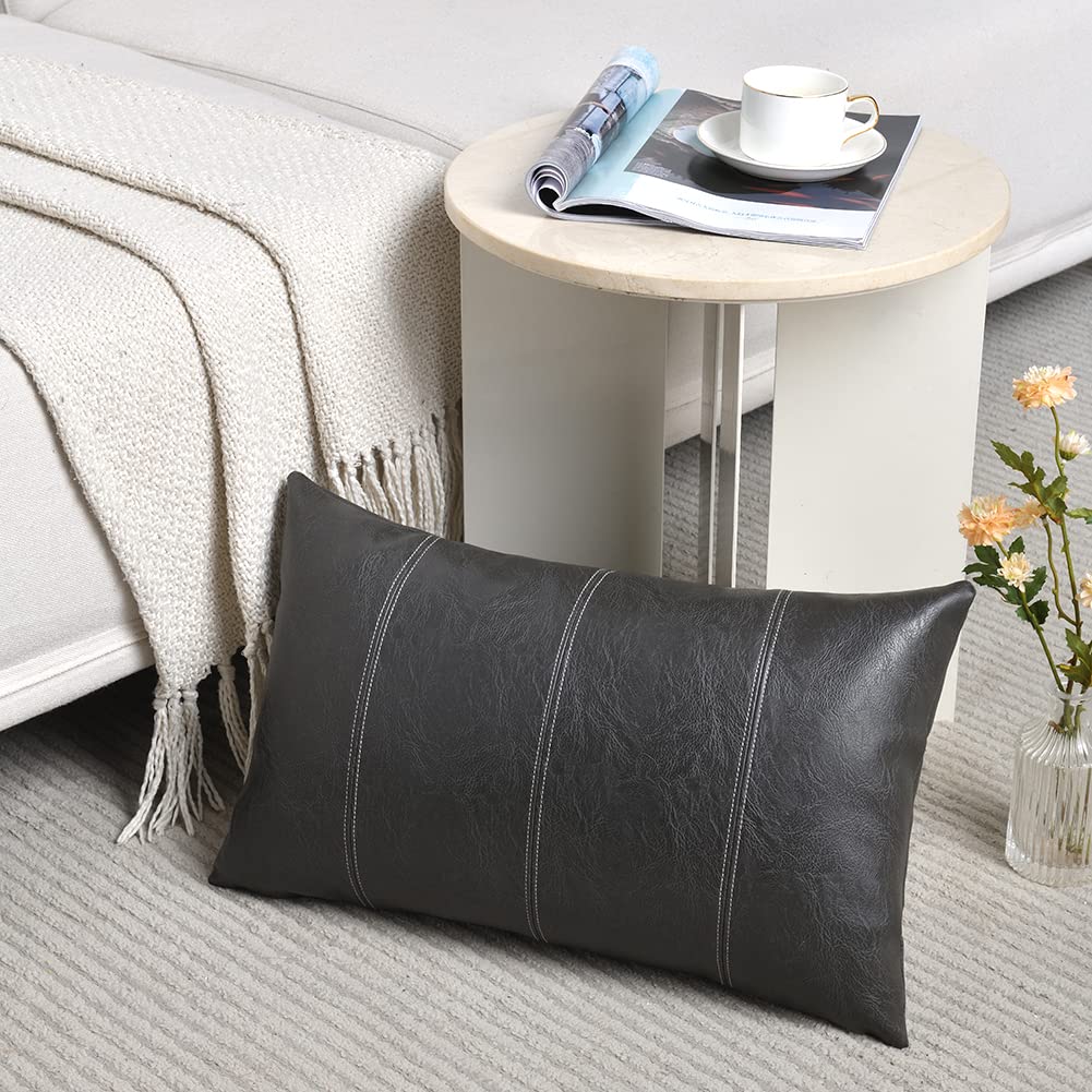 Fancy Homi 2 Packs Dark Gray Lumbar Faux Leather Decorative Throw Pillow Covers 12X20 Inch For Outdoor Couch Bed, Modern Farmhou