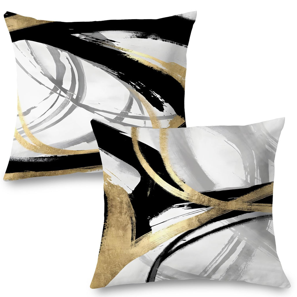 Supwhd Black White And Gold Pillow Covers, Abstract Black And Gold Pillow Covers 24X24 Set Of 2, Modern Boho Home Decor, Black A