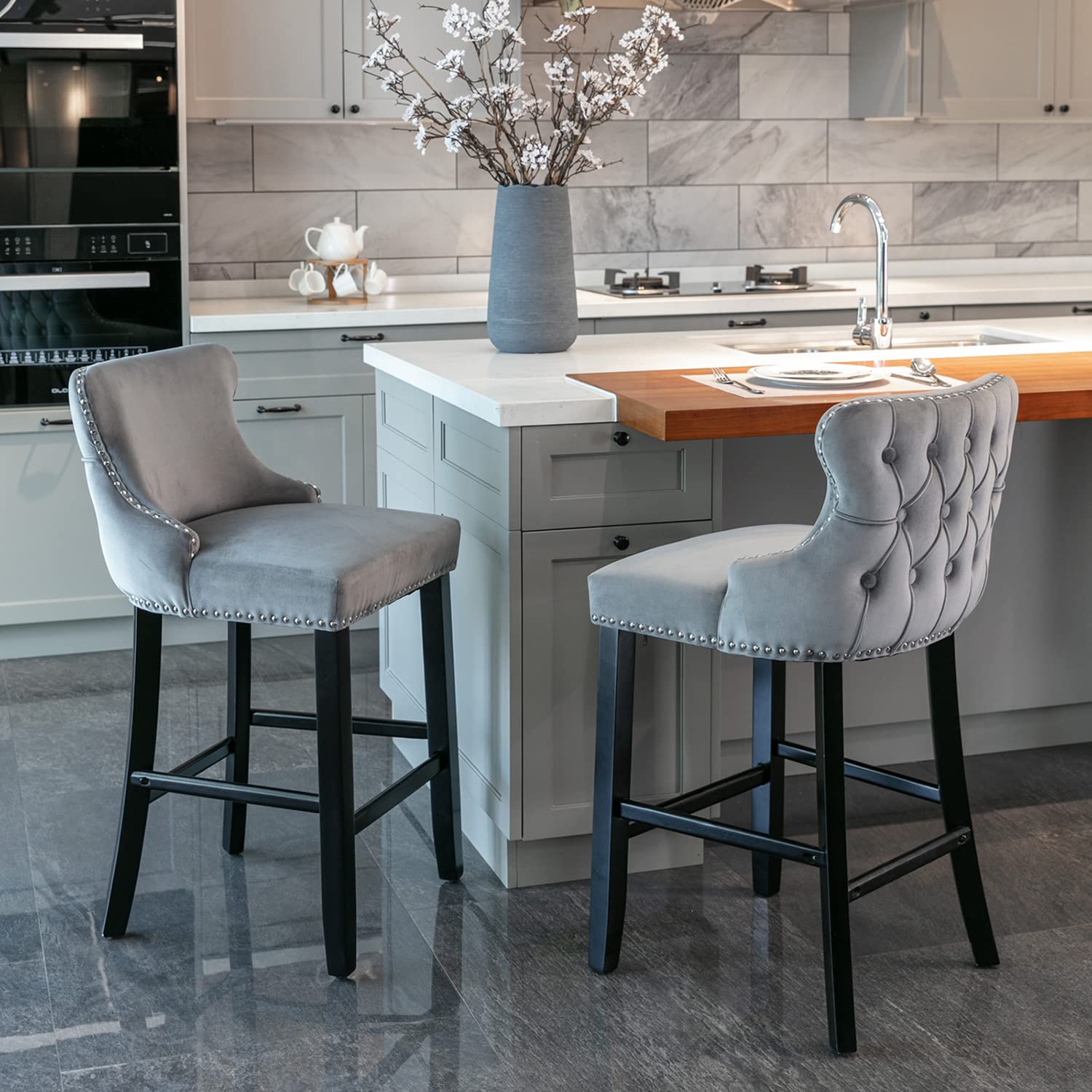 BAXMUY Counter Height Bar Stools with Back, Velvet Upholstered Barstools Nailhead Trim Rim and Solid Wood Legs, 26.7in Seat Heig