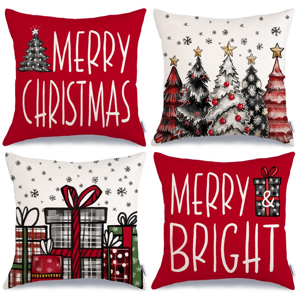 Geeory Christmas Pillow Covers 18X18 Inch Set Of 4, Snowflake Xmas Tree Present Merry Bright Holiday Decor Decorative Cushion Ca