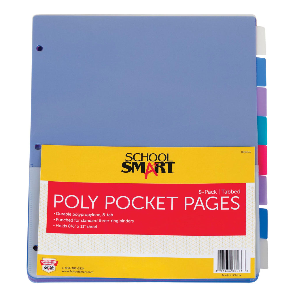 School Smart Tabbed Poly Binder Pocket Page, Assorted Colors, 1 Set Of 8